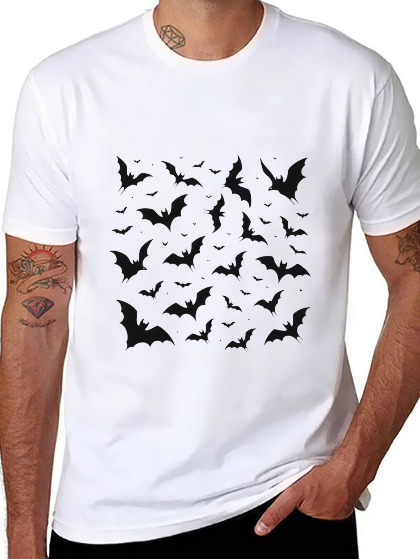 Black Men's Black T-Shirt with Bat Pattern view 8