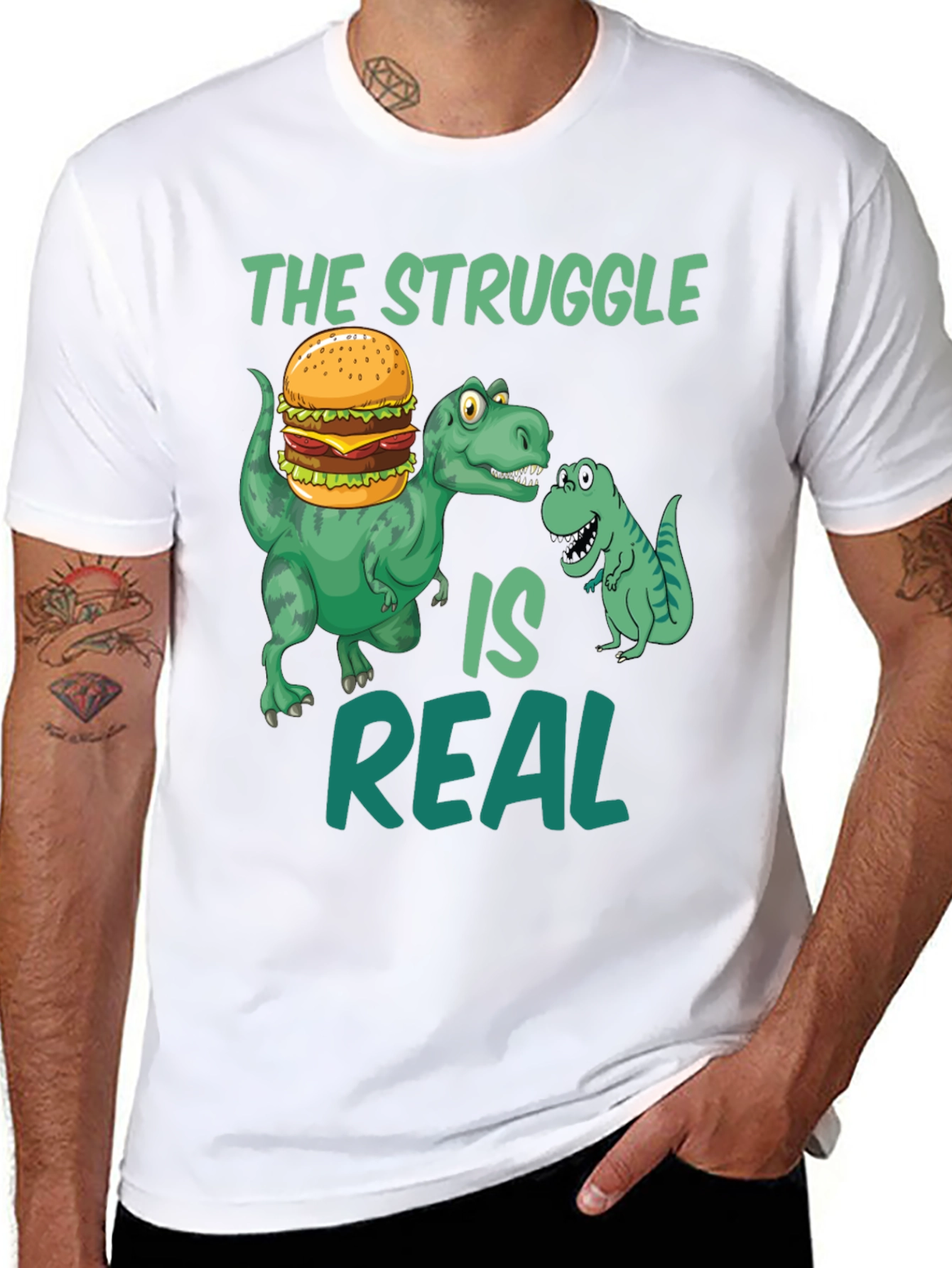 Black Dinosaur Burger T-Shirt - The Struggle Is Real Funny Tee view 8