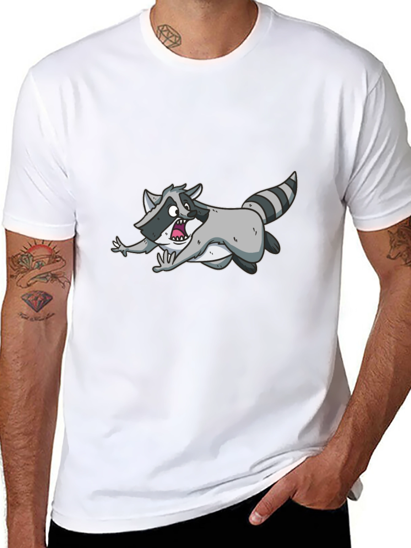 Black Funny Raccoon Cartoon Graphic Black T-Shirt view 8