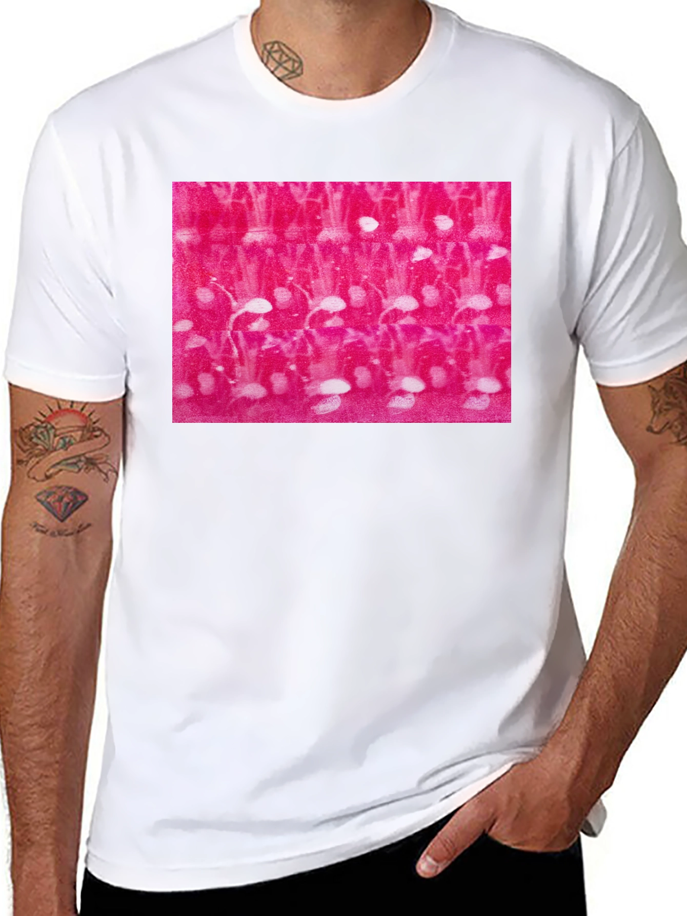 Black Abstract Pink and White Pattern Black T-Shirt view 8