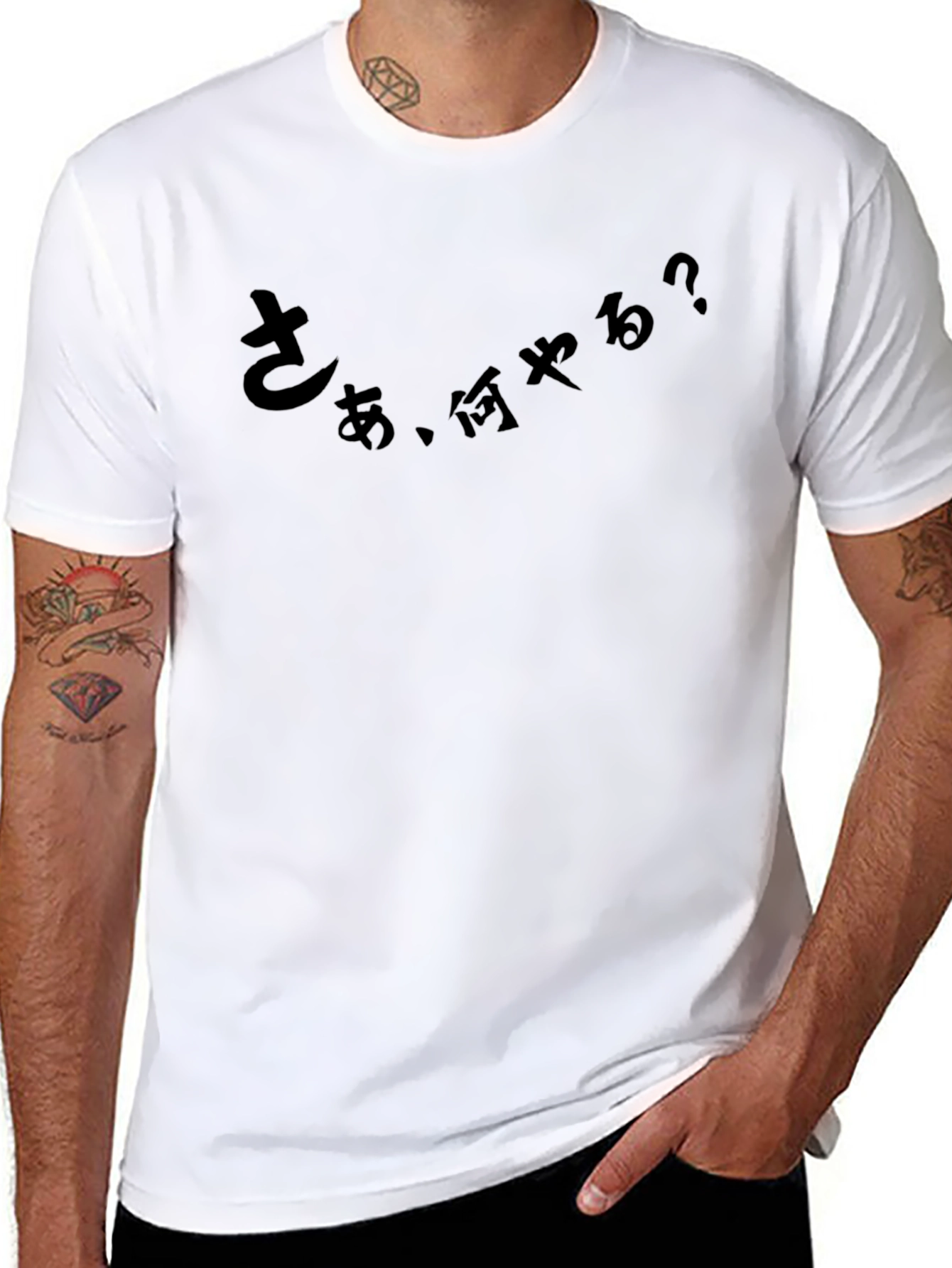 Black Japanese Script T-Shirt: "What Should I Do?" Black Cotton Tee view 8