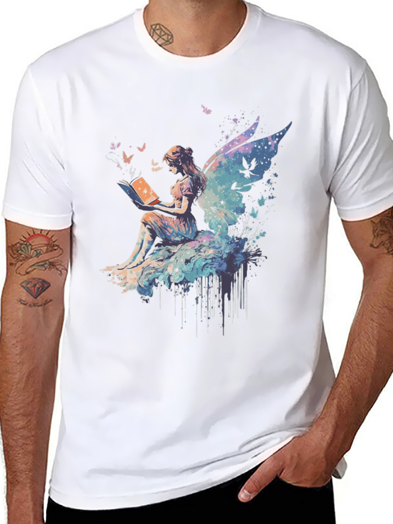 Black Whimsical Fairy Reading Book Graphic T-Shirt view 8