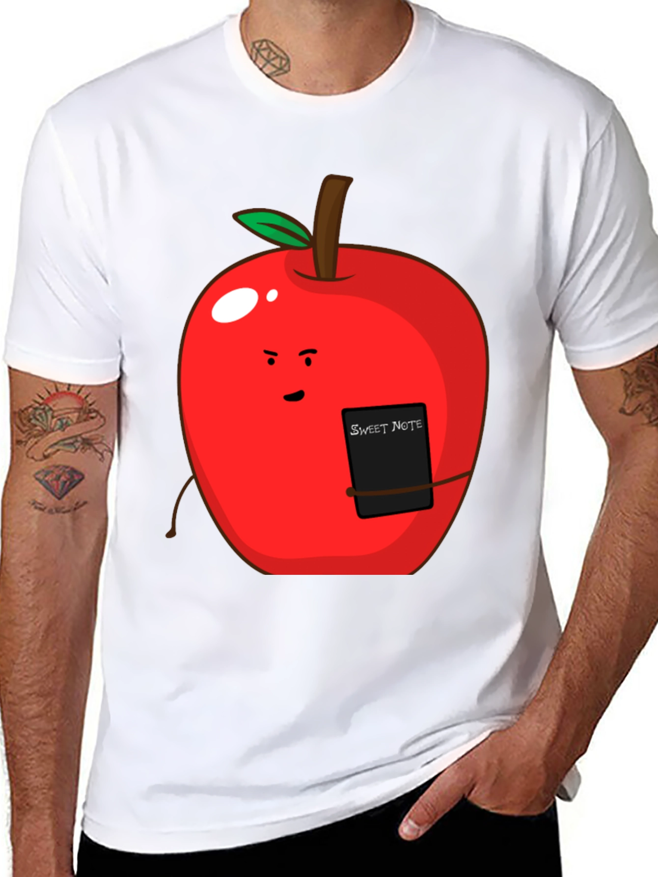Black Sweet Note Apple Graphic Tee - Novelty Fruit Shirt view 8