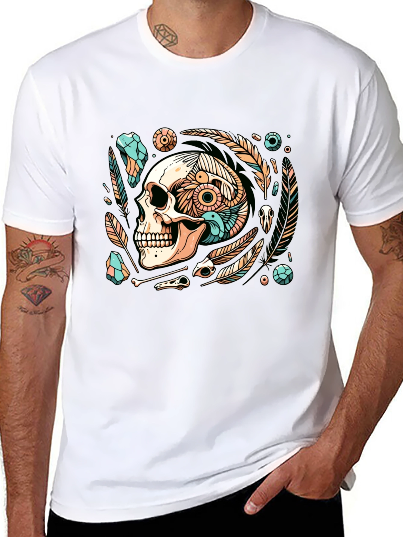 Black Skull & Feather Graphic Tee - Edgy Style view 8