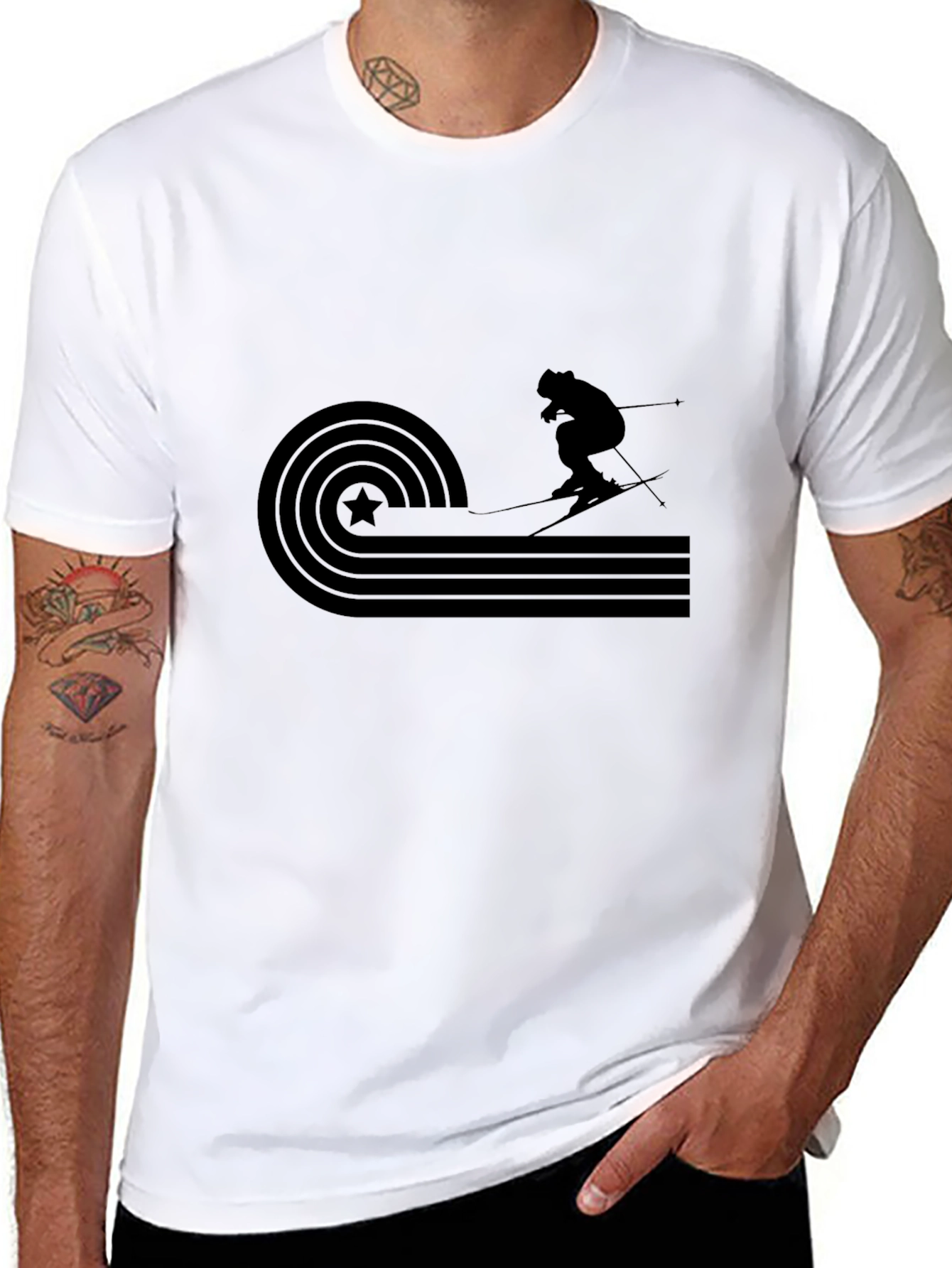 Black Retro Skiing Graphic Tee - Black Cotton T-Shirt view 8