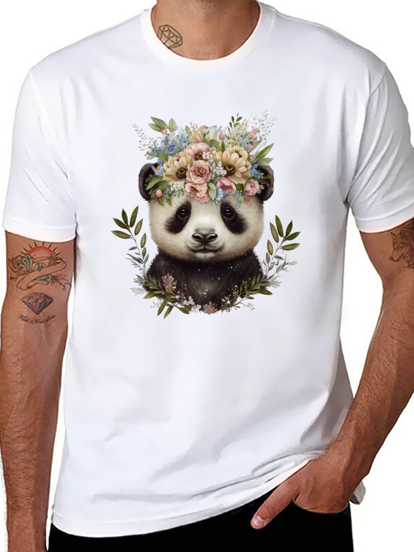 Black Panda Floral Wreath Tee - Unique Graphic Print T-Shirt view 8