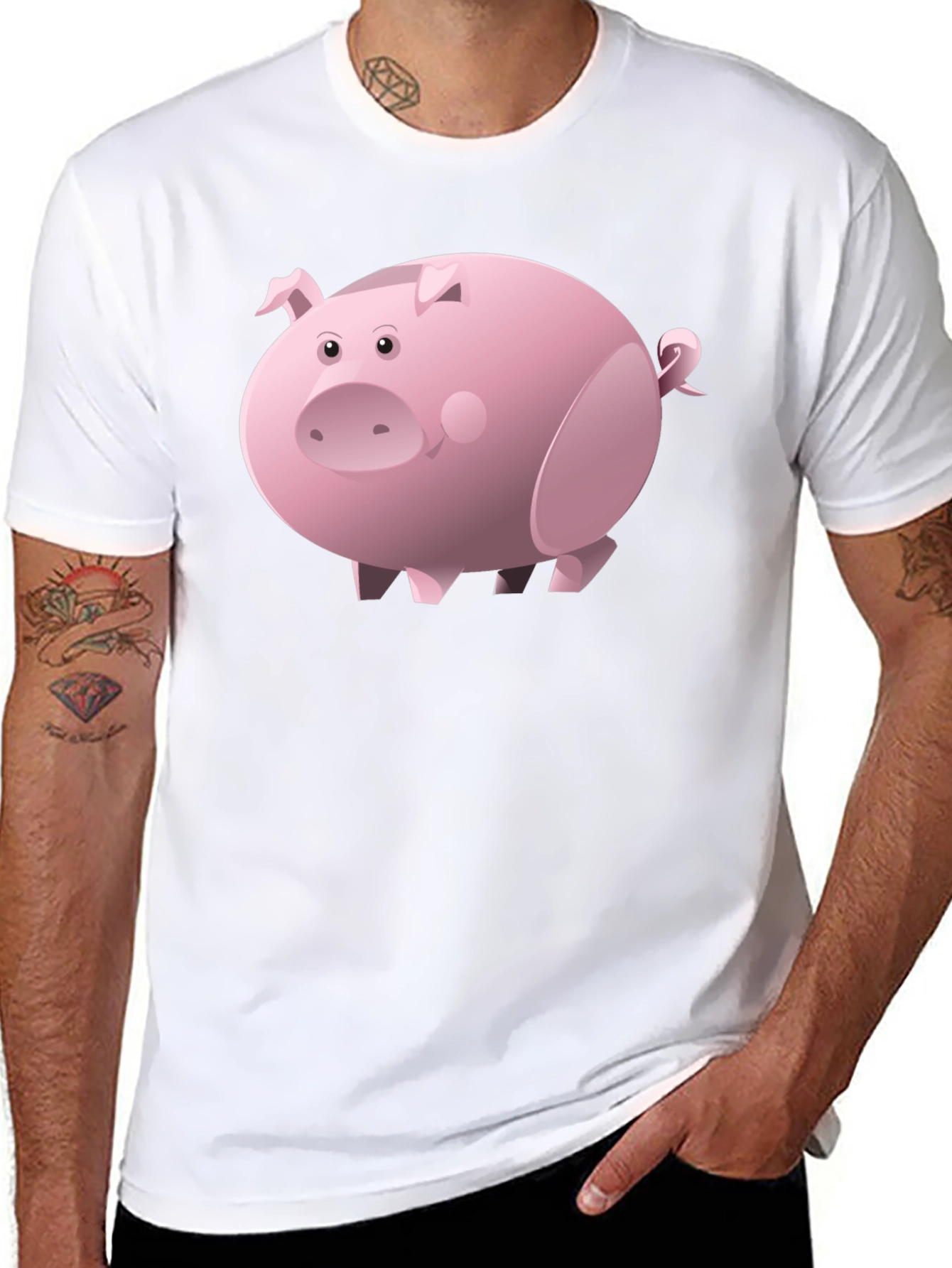 Black Cartoon Pig Black T-Shirt | Unisex view 8