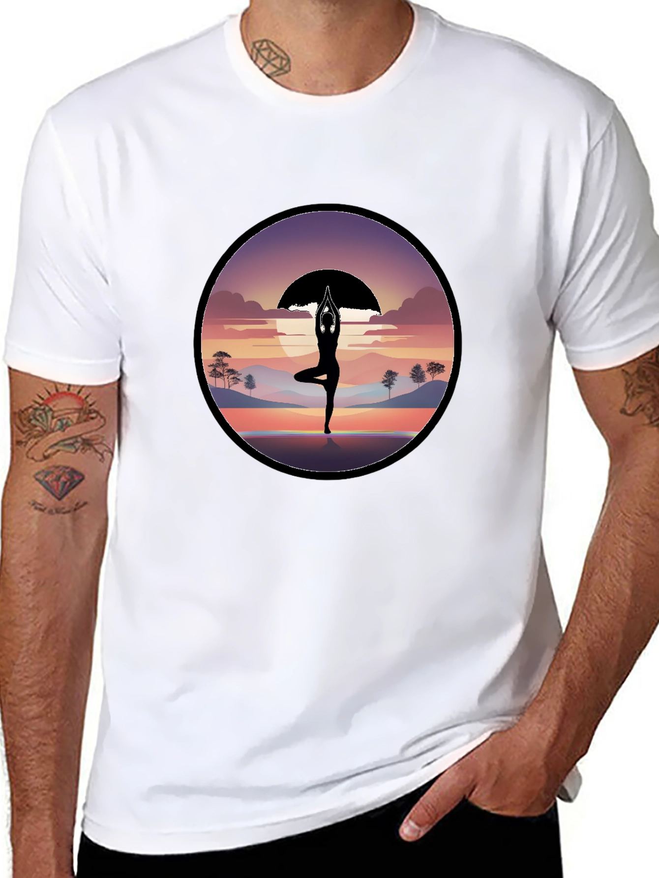 Black Yoga Silhouette Sunset Graphic T-Shirt view 8
