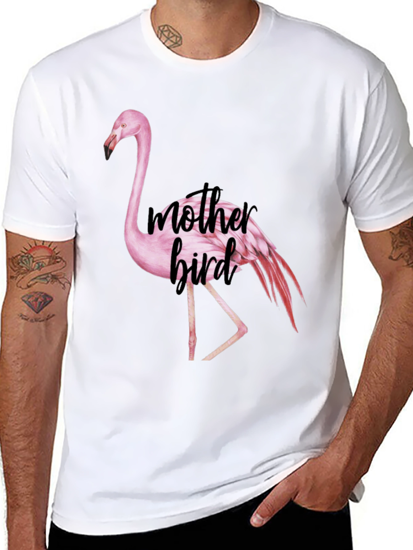 Black Mother Bird Flamingo Graphic Tee - Black Cotton Blend view 8