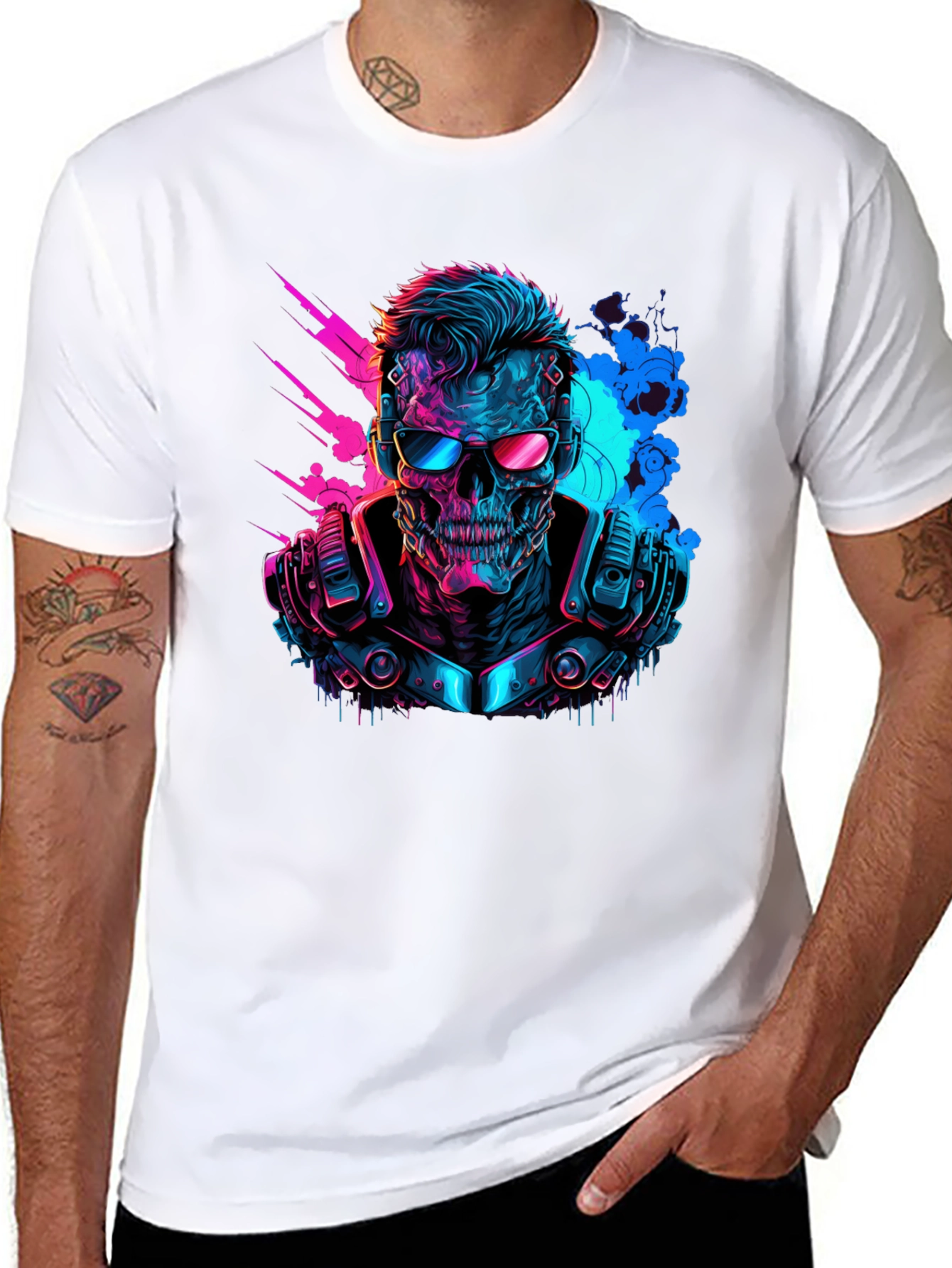 Black Cyberpunk Skull T-Shirt - Neon Techwear view 8