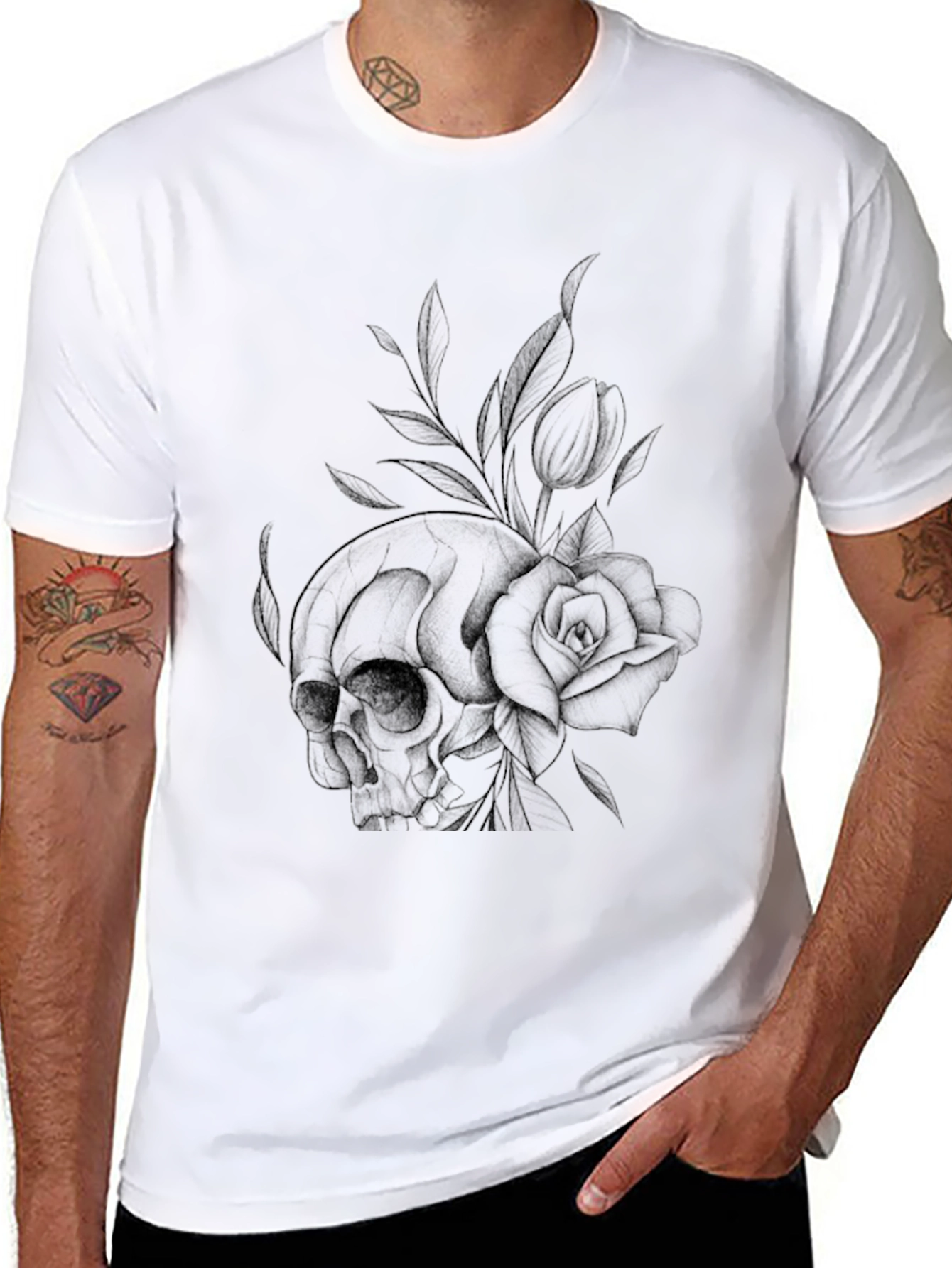 Black Skull & Rose Graphic Print T-Shirt - Casual Style view 8