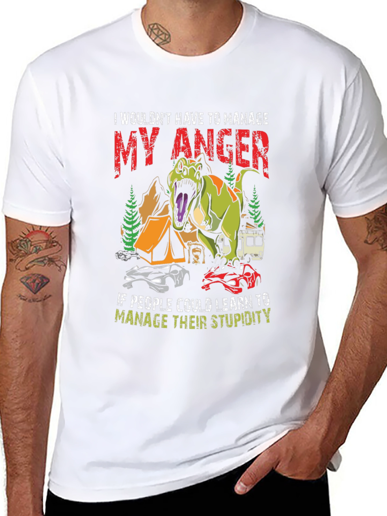 Black Manage Anger Dinosaur T-Shirt - Funny Camping Tee view 8