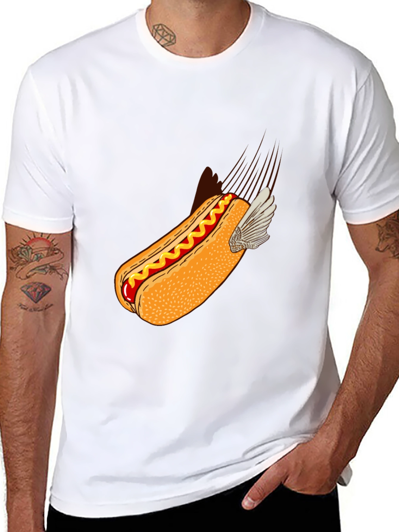 Black Flying Hot Dog Graphic T-Shirt - Novelty Food Tee view 8
