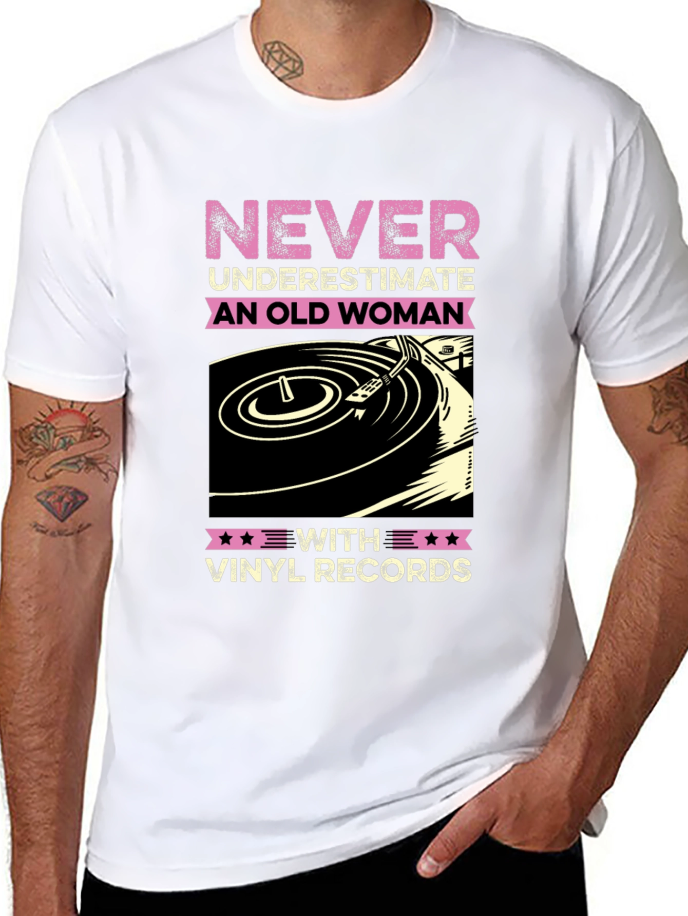 Black Never Underestimate Old Woman Vinyl Records T-Shirt view 8