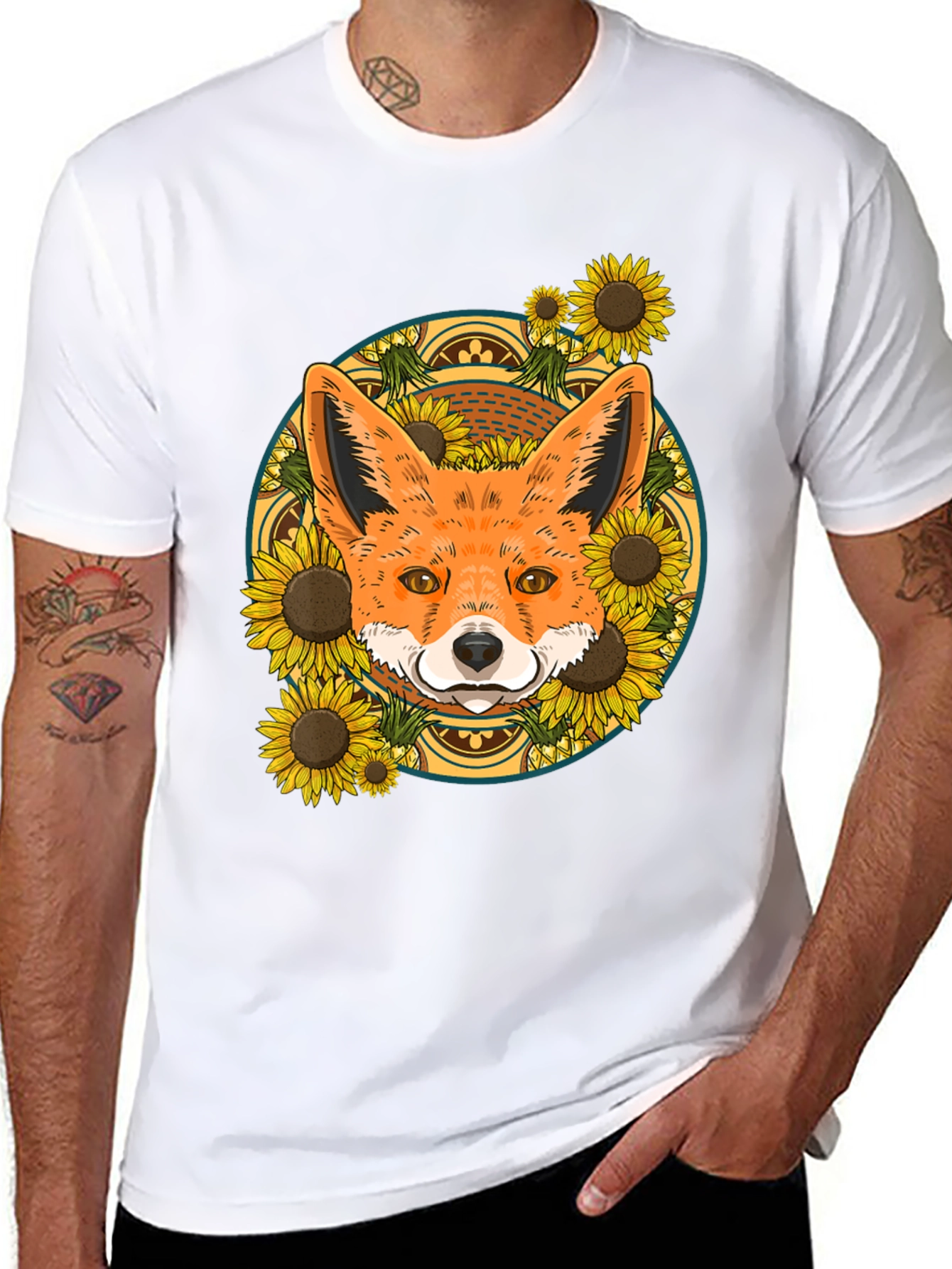 Black Fox & Sunflower Graphic Tee - Nature Lover's T-Shirt view 8