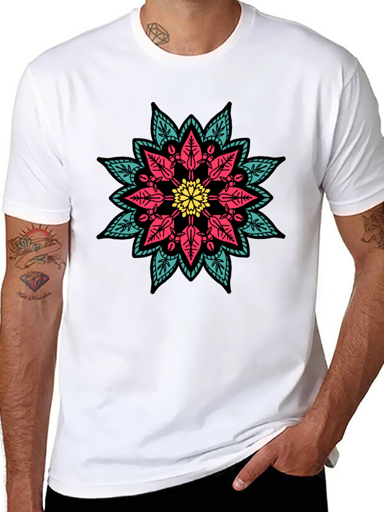 Black Geometric Mandala Graphic Print Black T-Shirt view 8