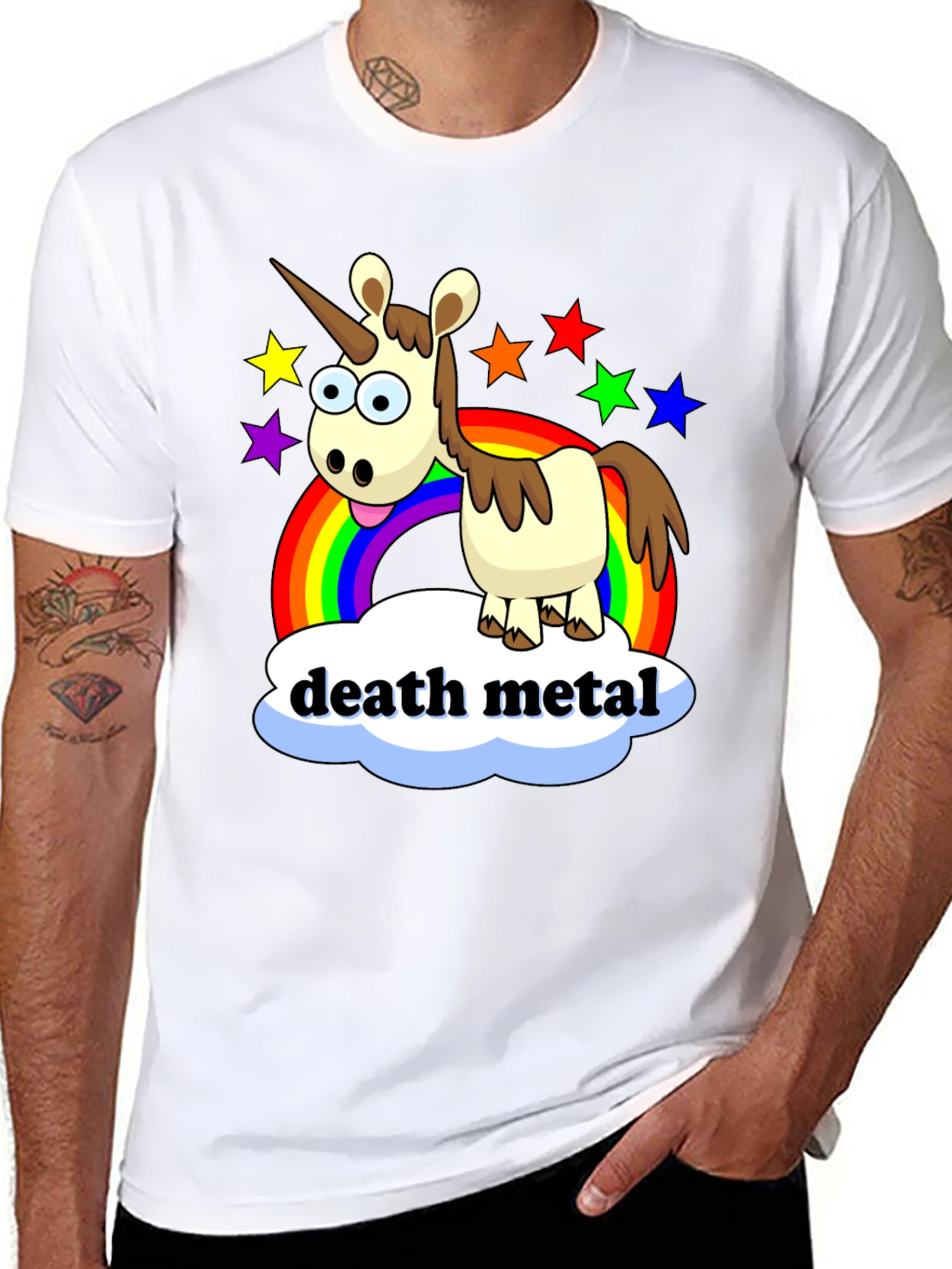 Black Death Metal Unicorn T-Shirt - Rainbow Star Design view 8