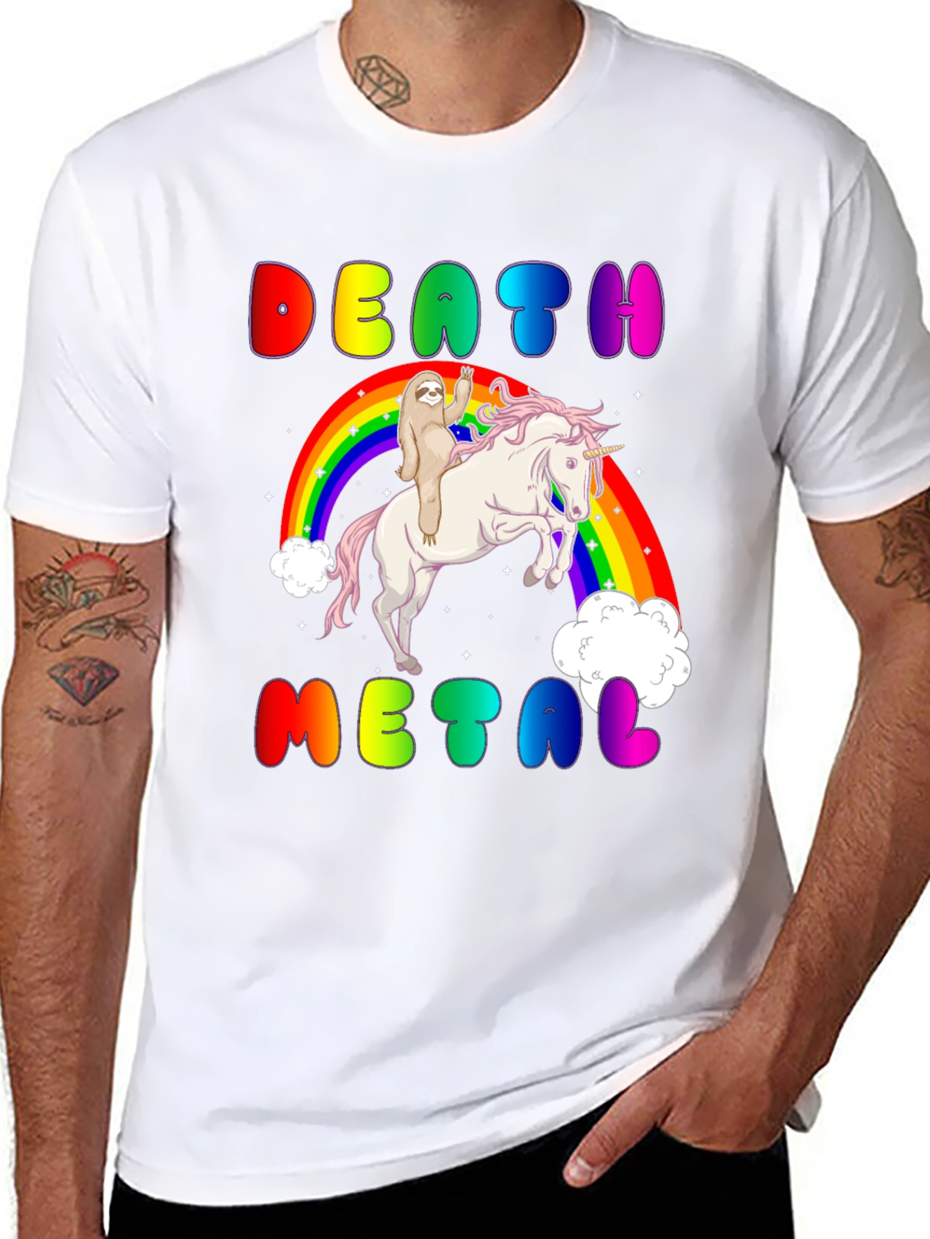 Black Death Metal Sloth Riding Unicorn T-Shirt view 8