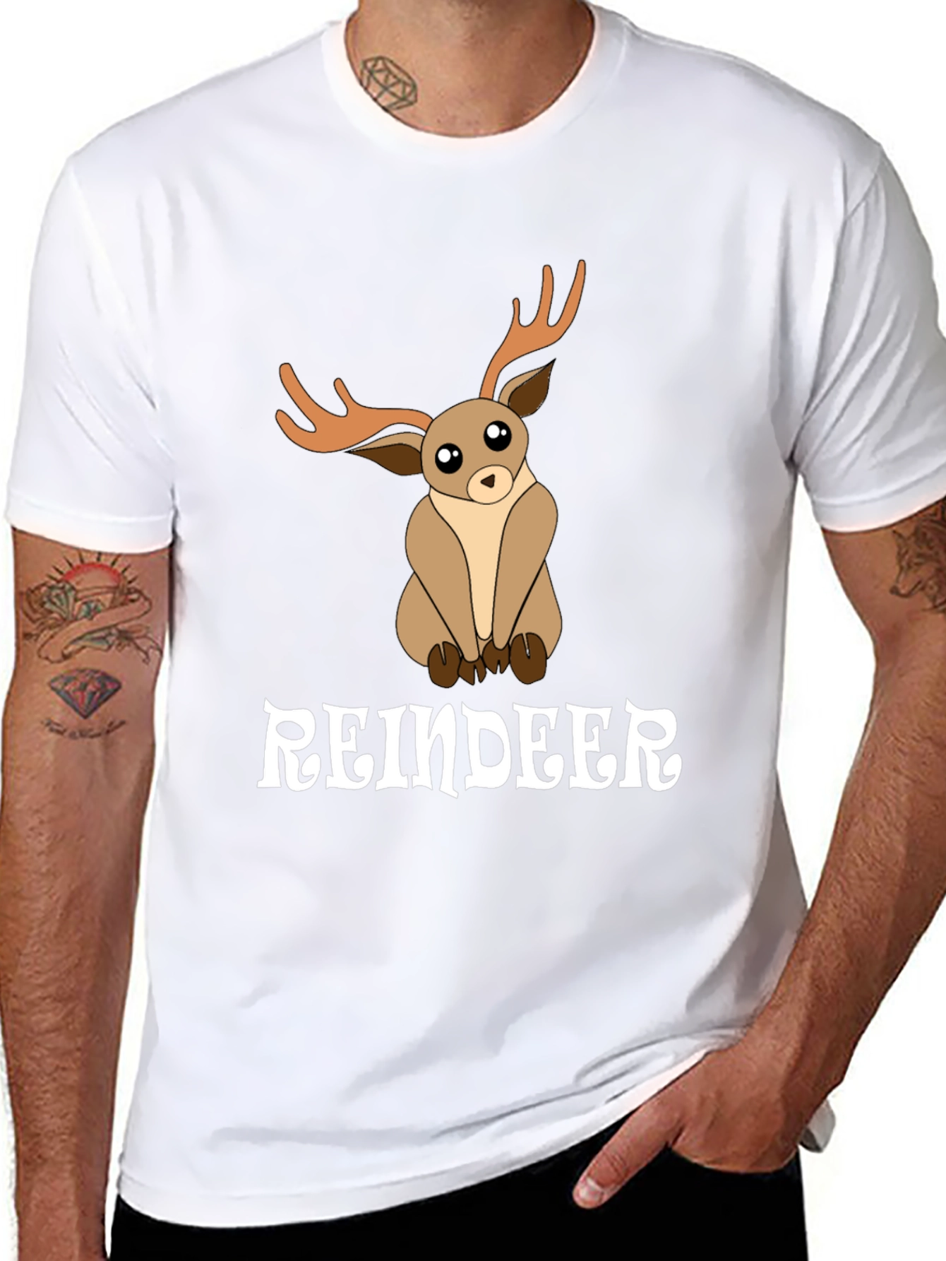 Black Cute Reindeer Graphic Tee - Black Cotton T-Shirt view 8