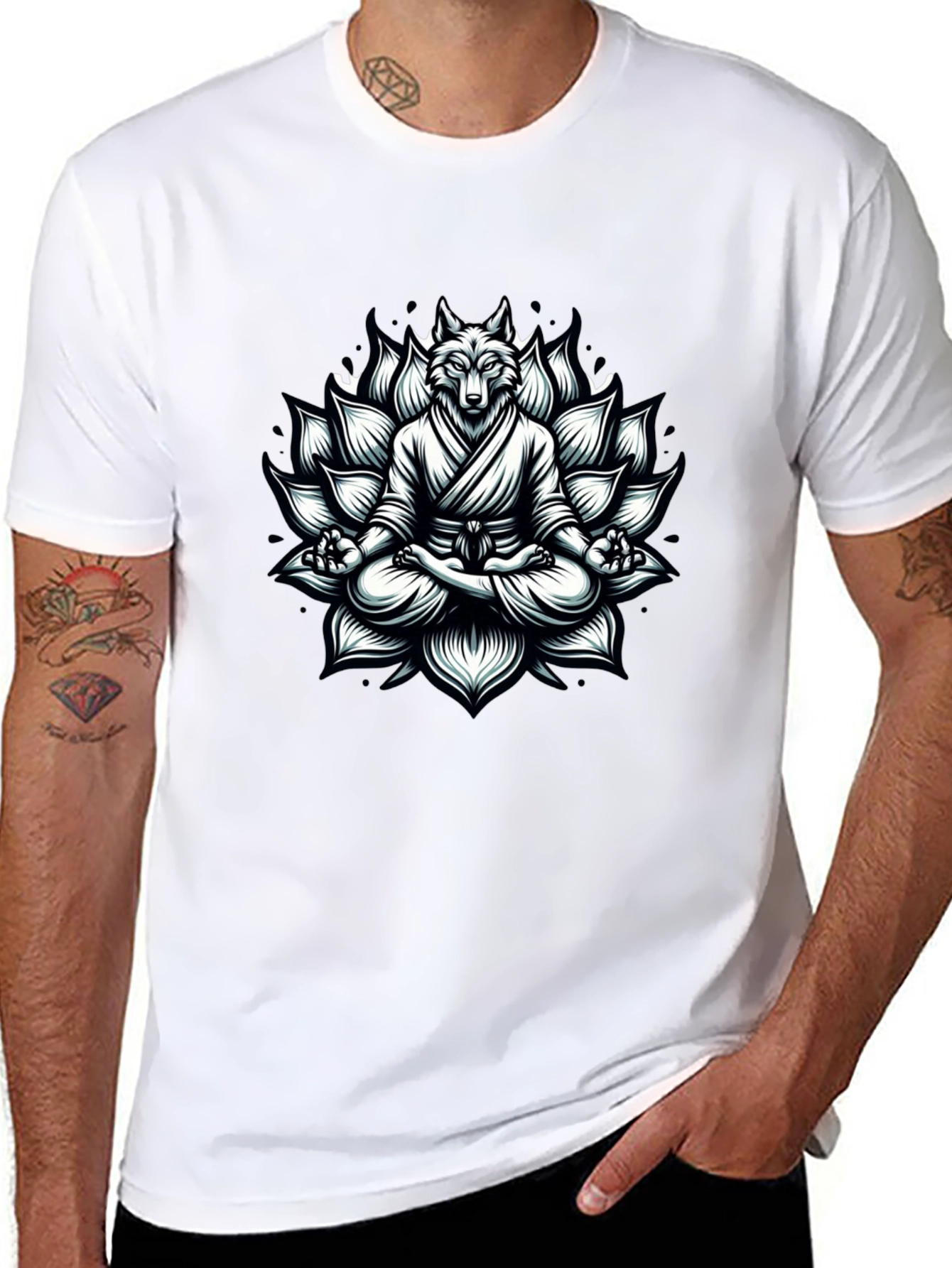 Black Zen Wolf T-Shirt: Meditating Lotus Design view 8