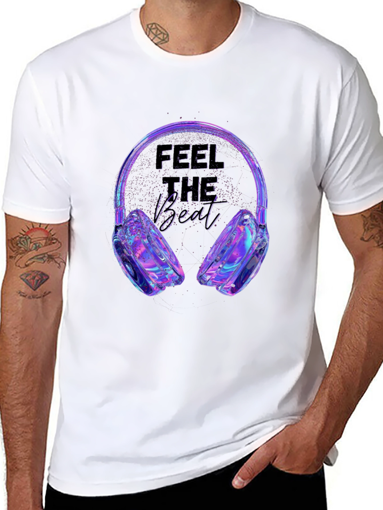 Black Feel the Beat T-Shirt - Holographic Headphones Design view 8