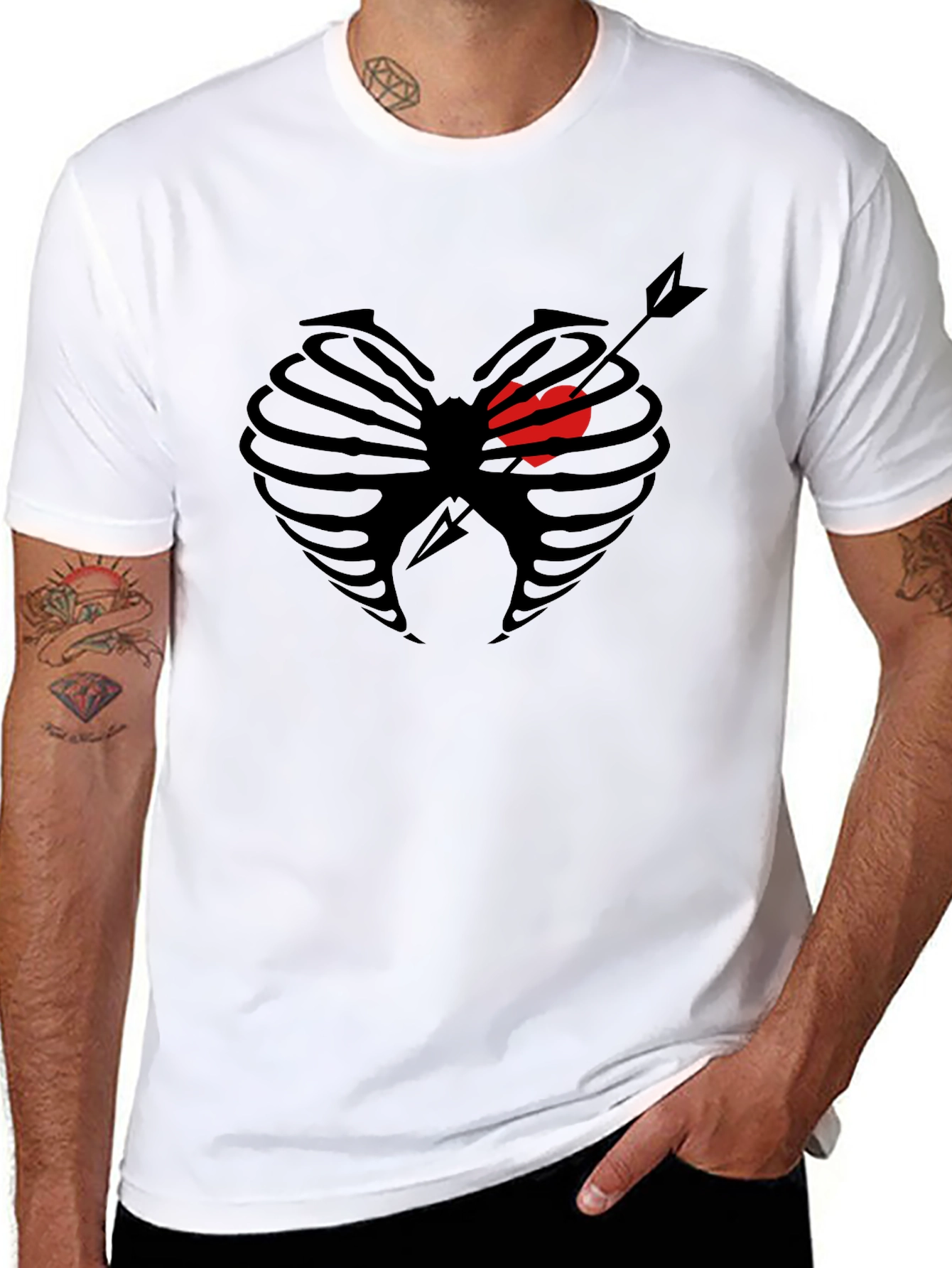Black Heart Ribcage Arrow Graphic Tee - Black Cotton T-Shirt view 8