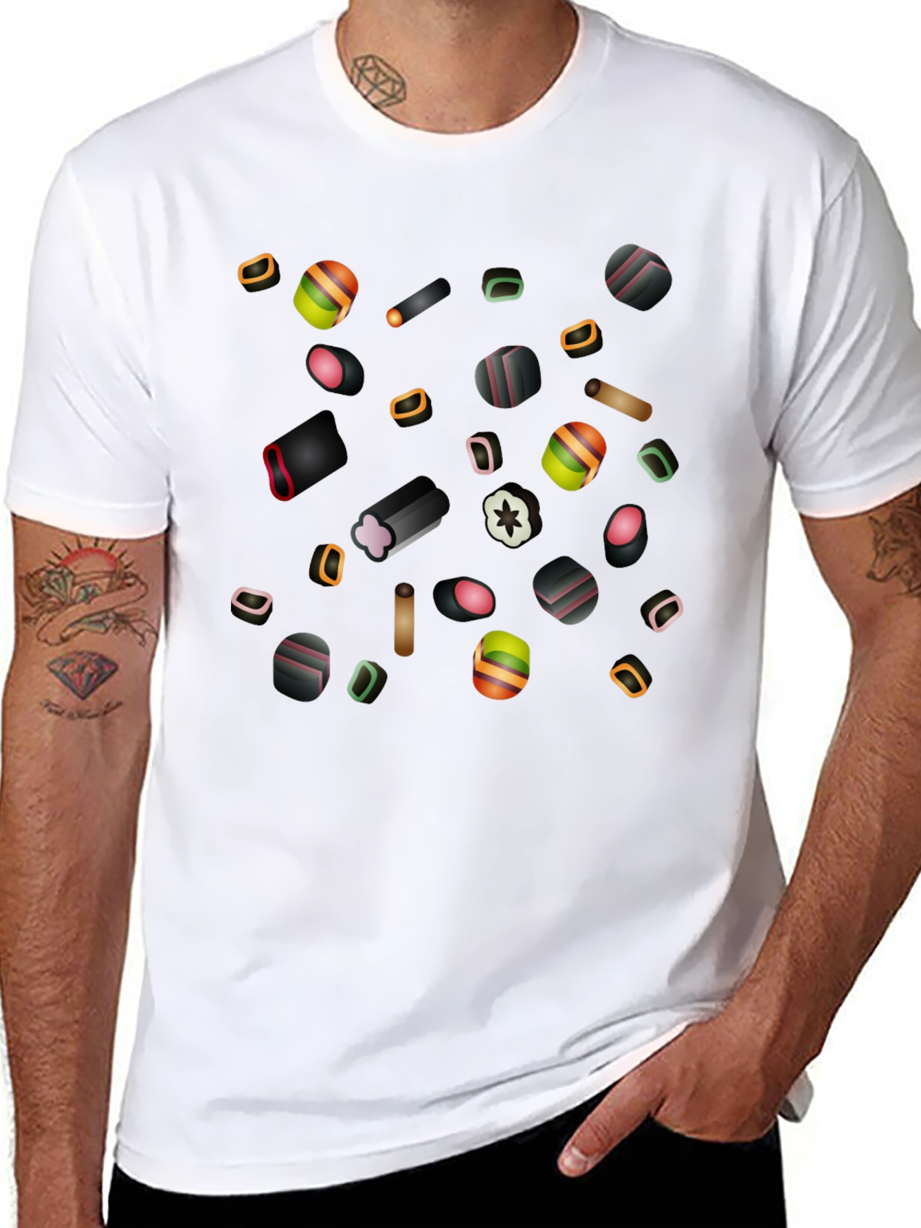 Black Liquorice Candy Print Black T-Shirt view 8
