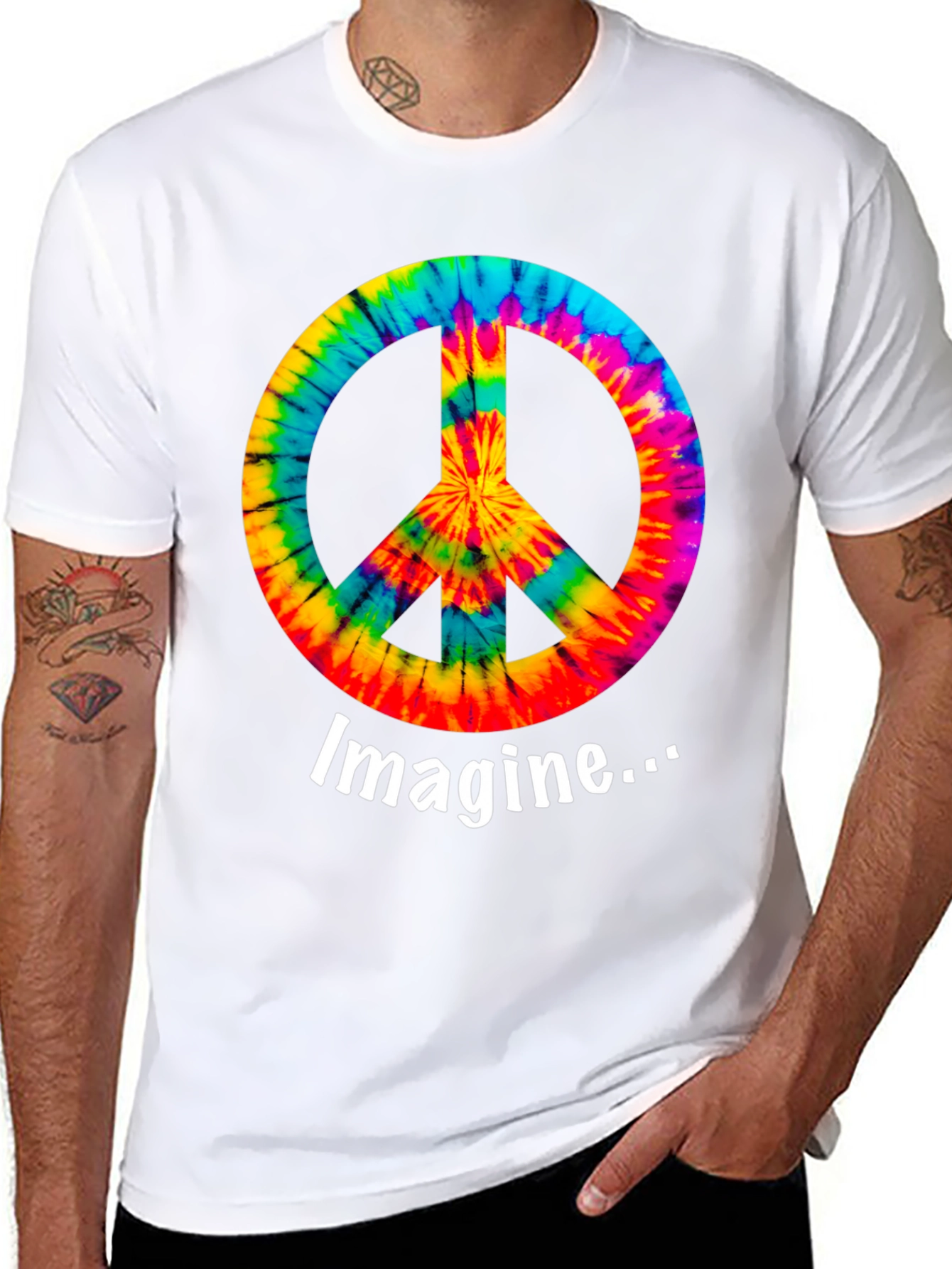 Black Imagine Peace Sign Tie-Dye Graphic T-Shirt view 8