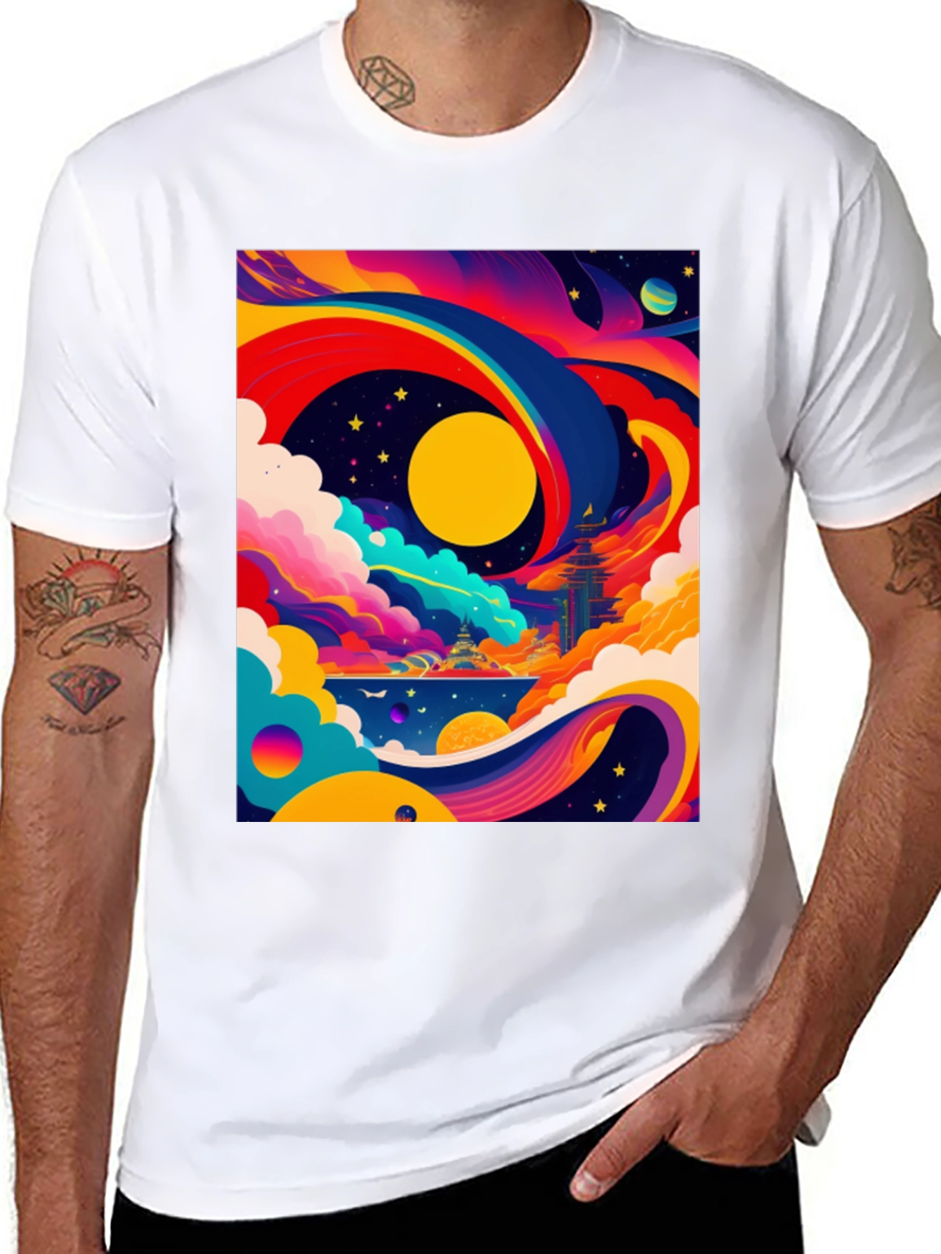 Black Vibrant Celestial Graphic Tee - Artistic Dreamscape view 8
