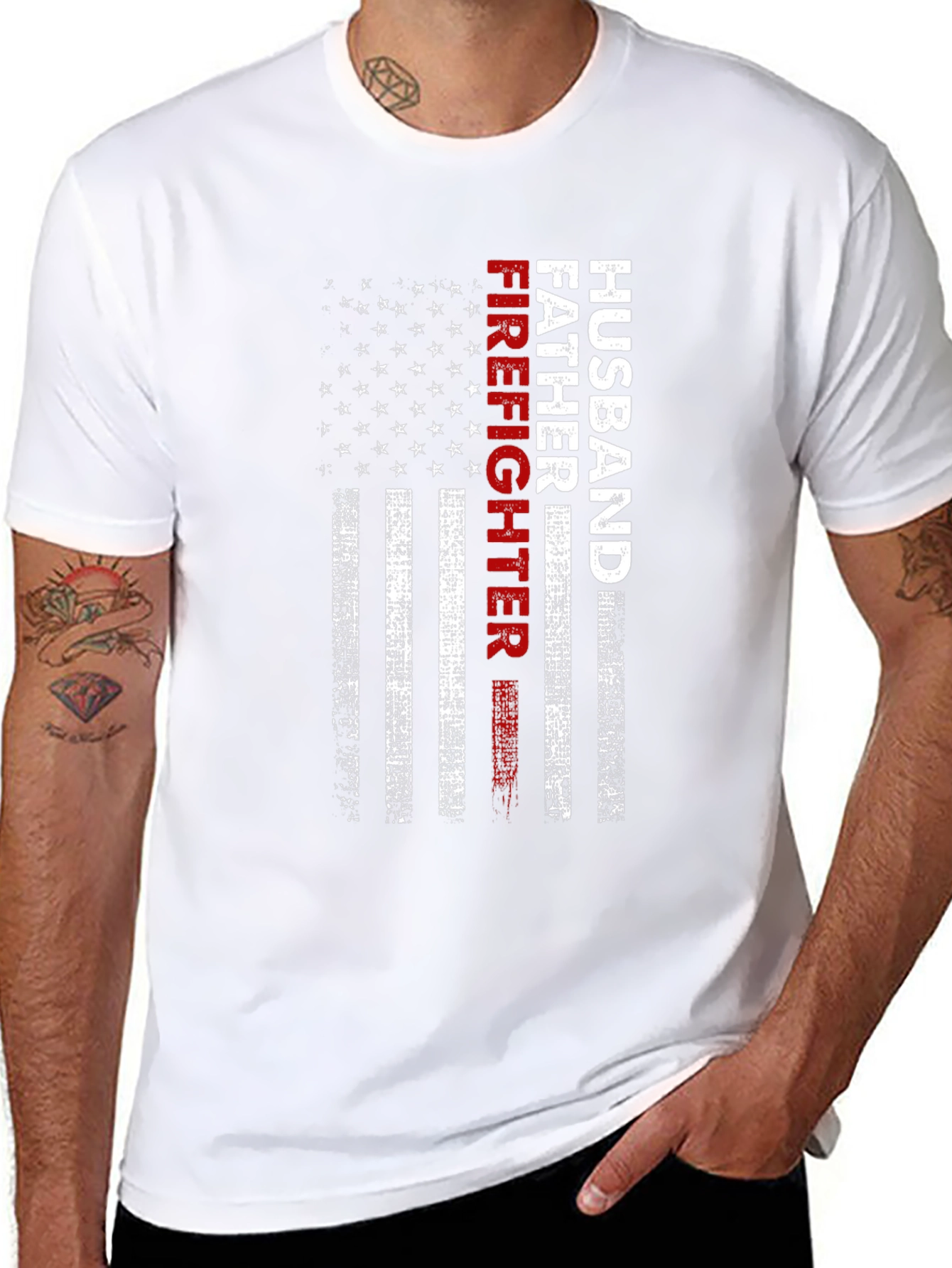 Black Husband Father Firefighter American Flag T-Shirt view 8