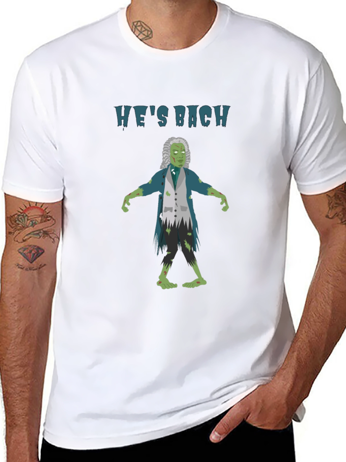 Black He's Bach Zombie T-Shirt: Musical Horror Humor view 8