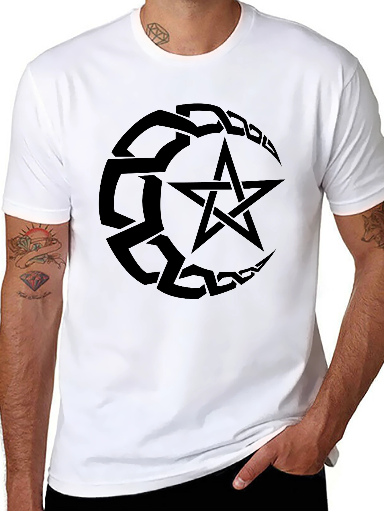 Black Men's Black T-Shirt with Pentagram Design view 8