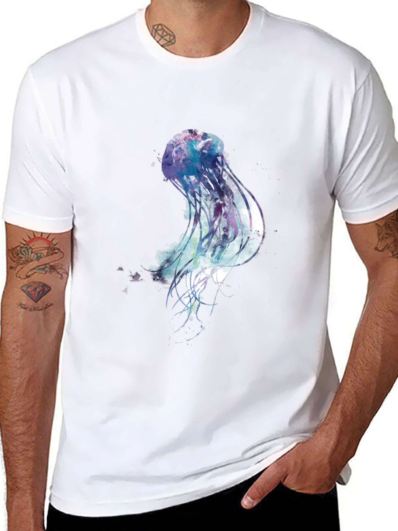 Black Jellyfish Watercolor Graphic Print Black T-Shirt view 8