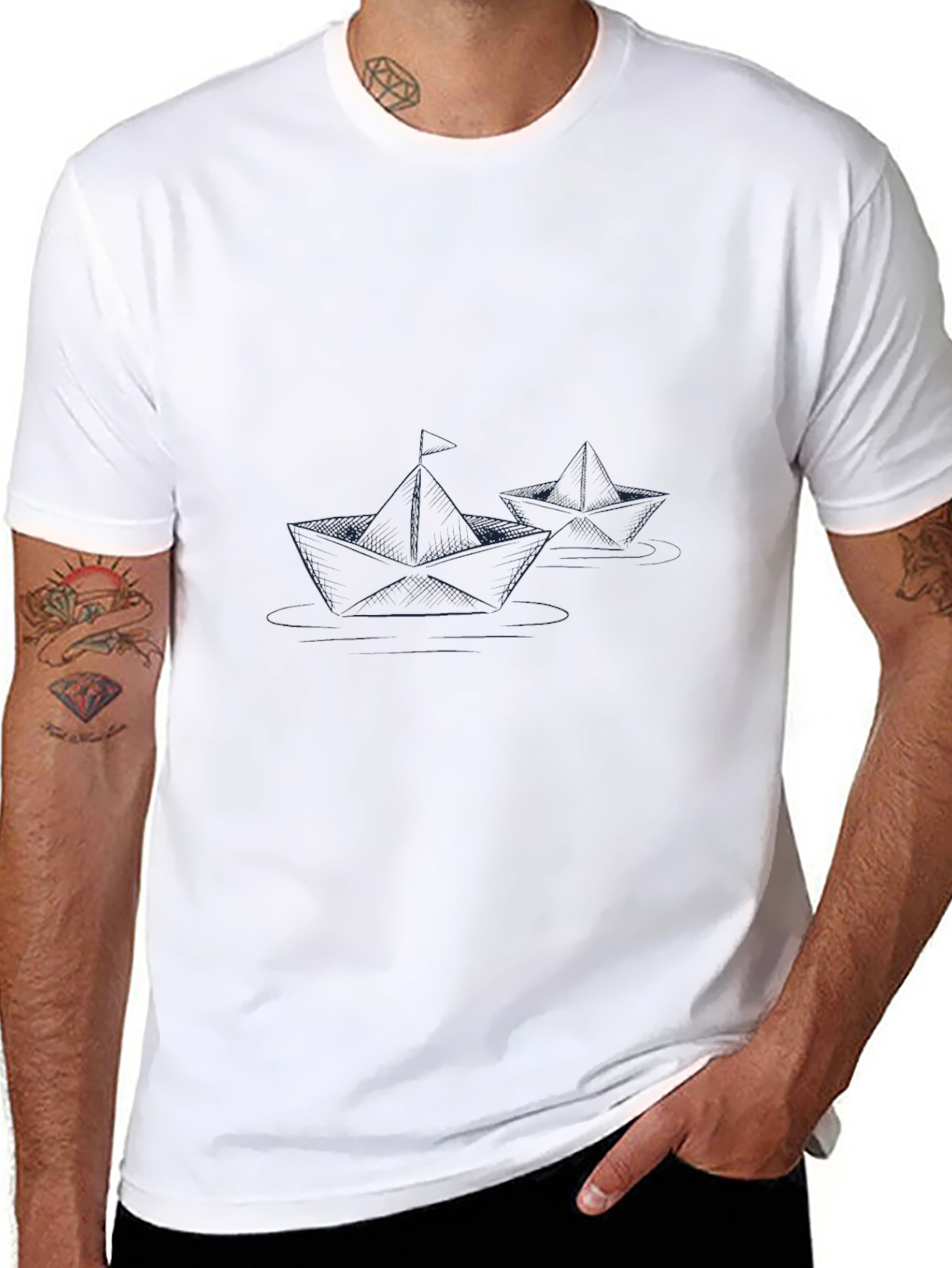 Black Black T-Shirt with Paper Boat Design view 8