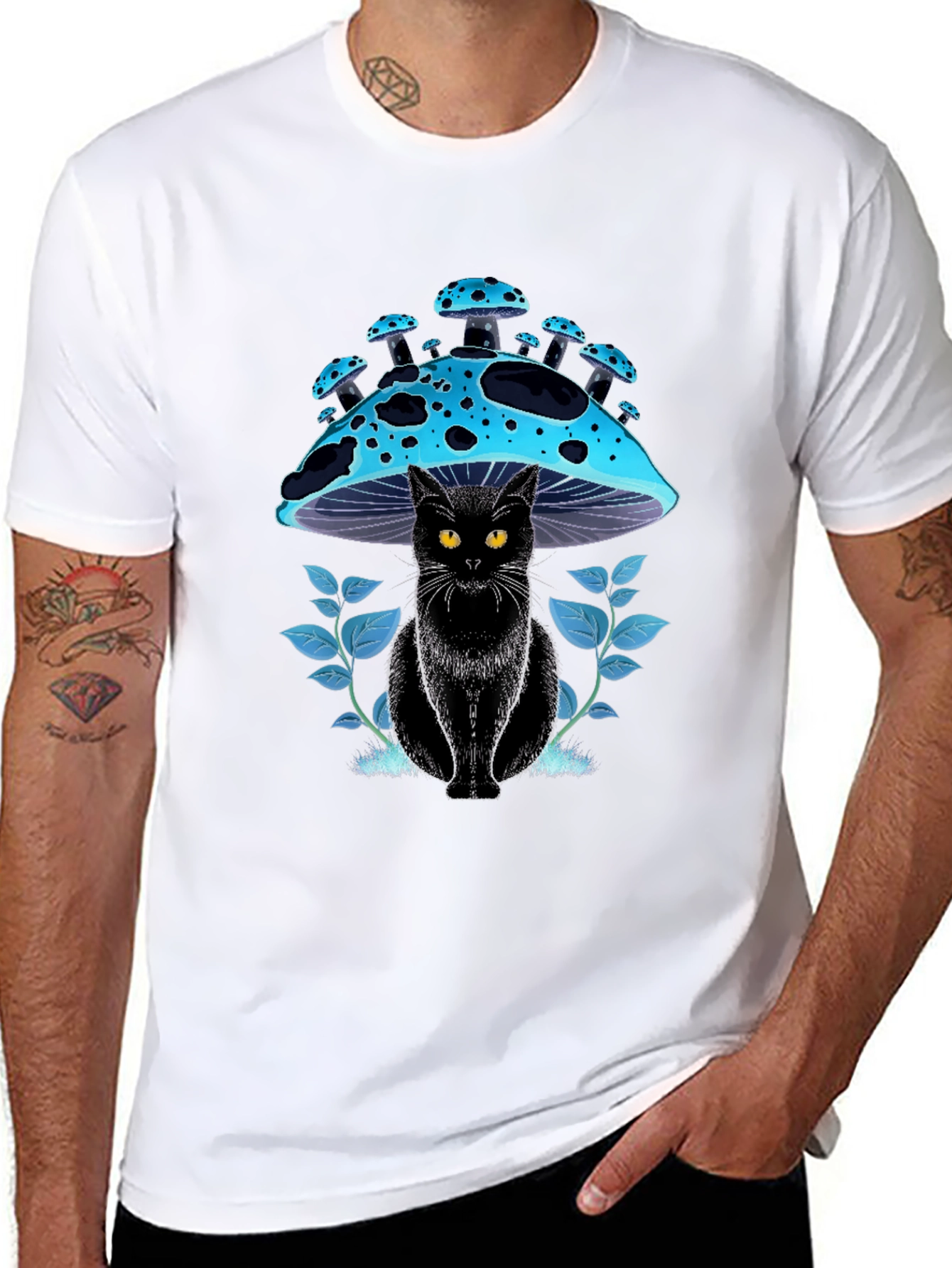 Black Black Cat Mushroom T-Shirt - Unique Graphic Tee view 8
