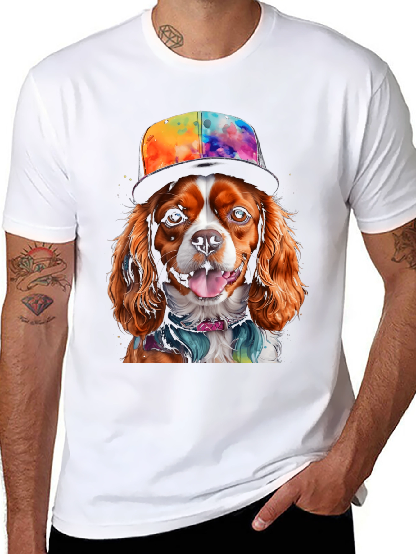 Black Cool Dog T-Shirt: Cavalier in Colorful Hat view 8