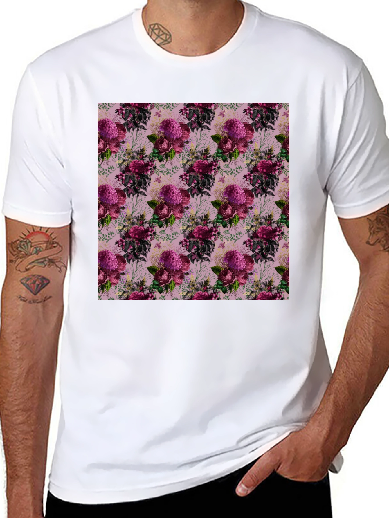 Black Floral Pattern Black T-Shirt view 8