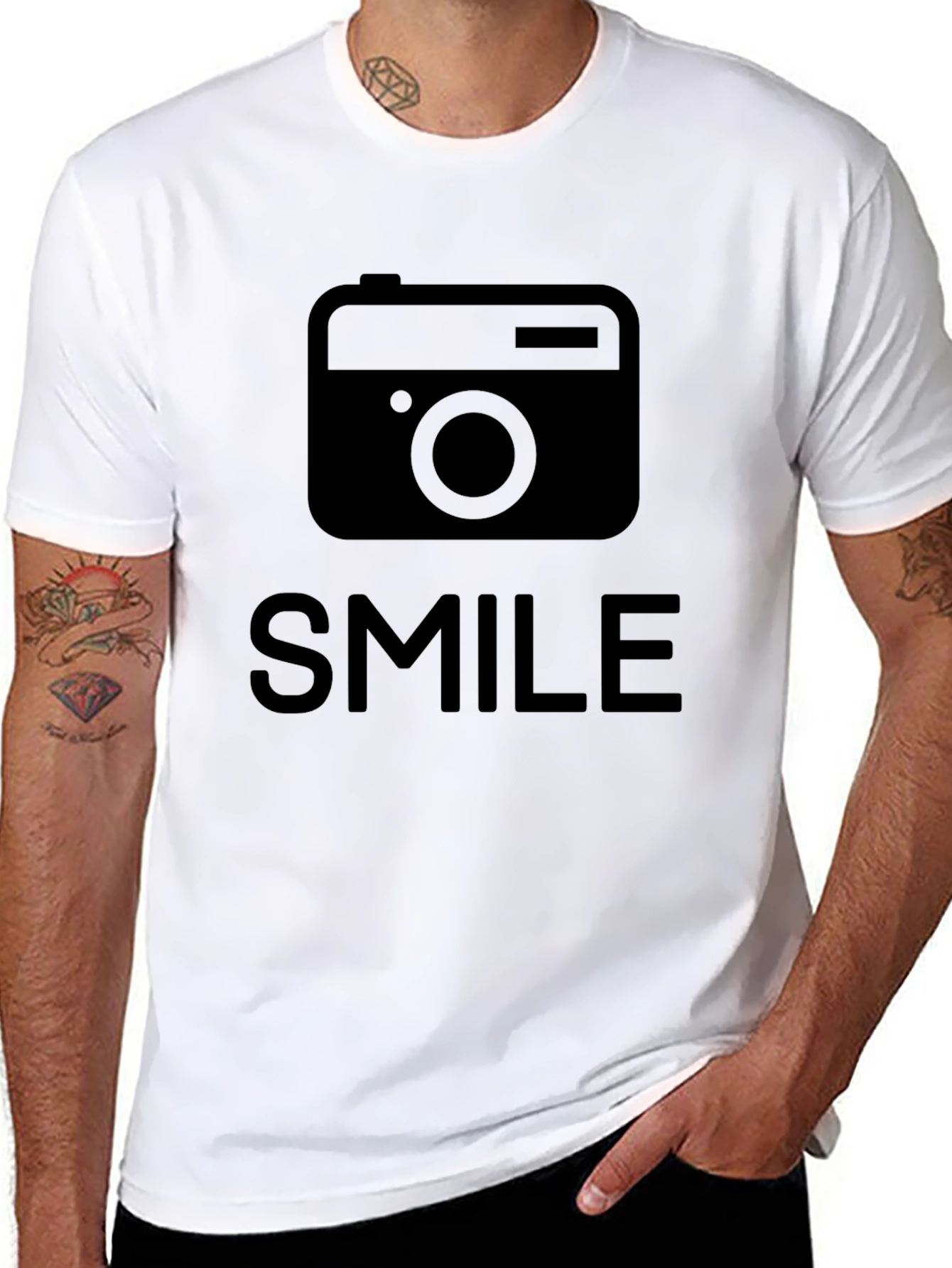 Black Smile Camera Graphic T-Shirt - Black Crew Neck Tee view 8
