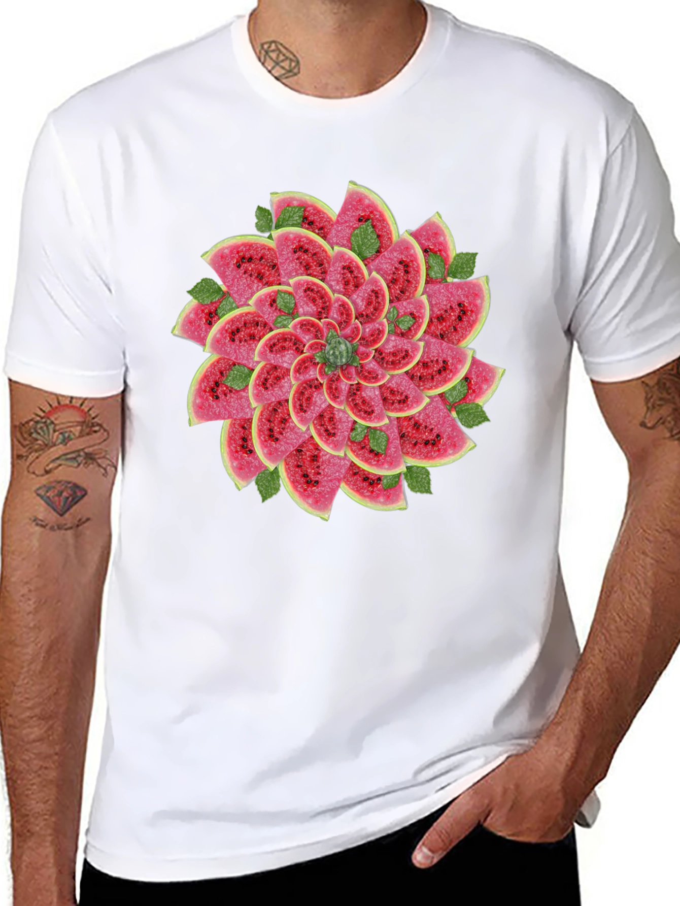 Black Watermelon Slice Flower Graphic Black T-Shirt view 8