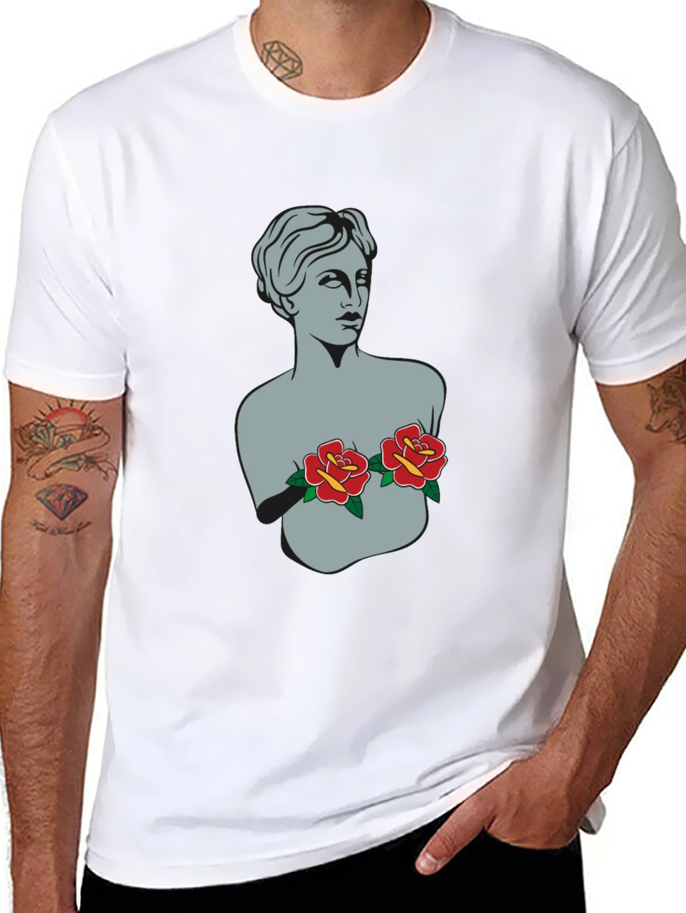 Statue Bust with Roses Graphic Tee - 8