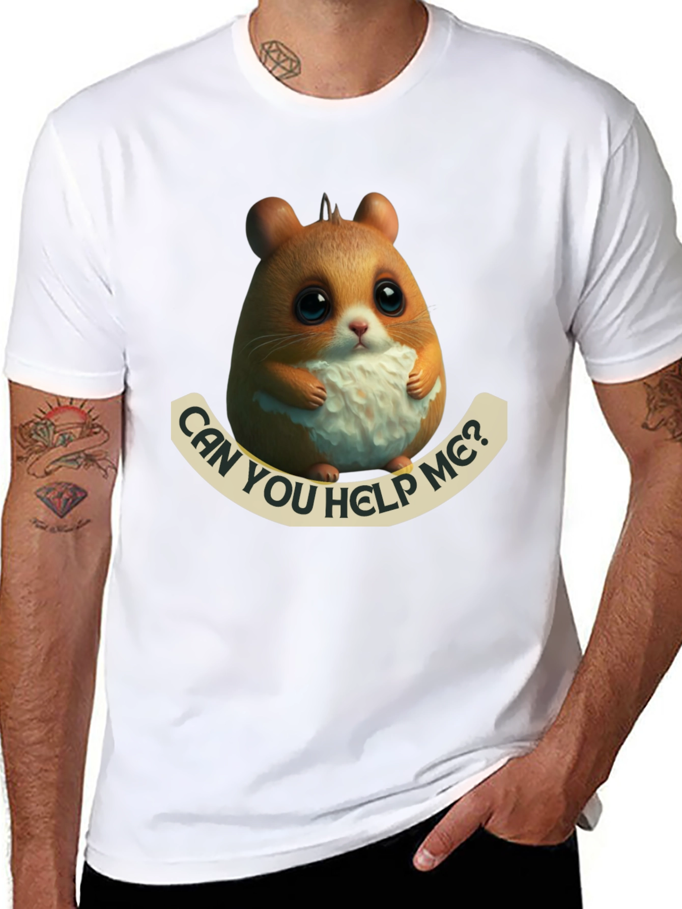 Black Cute Hamster 'Can You Help Me?' Graphic T-Shirt view 8