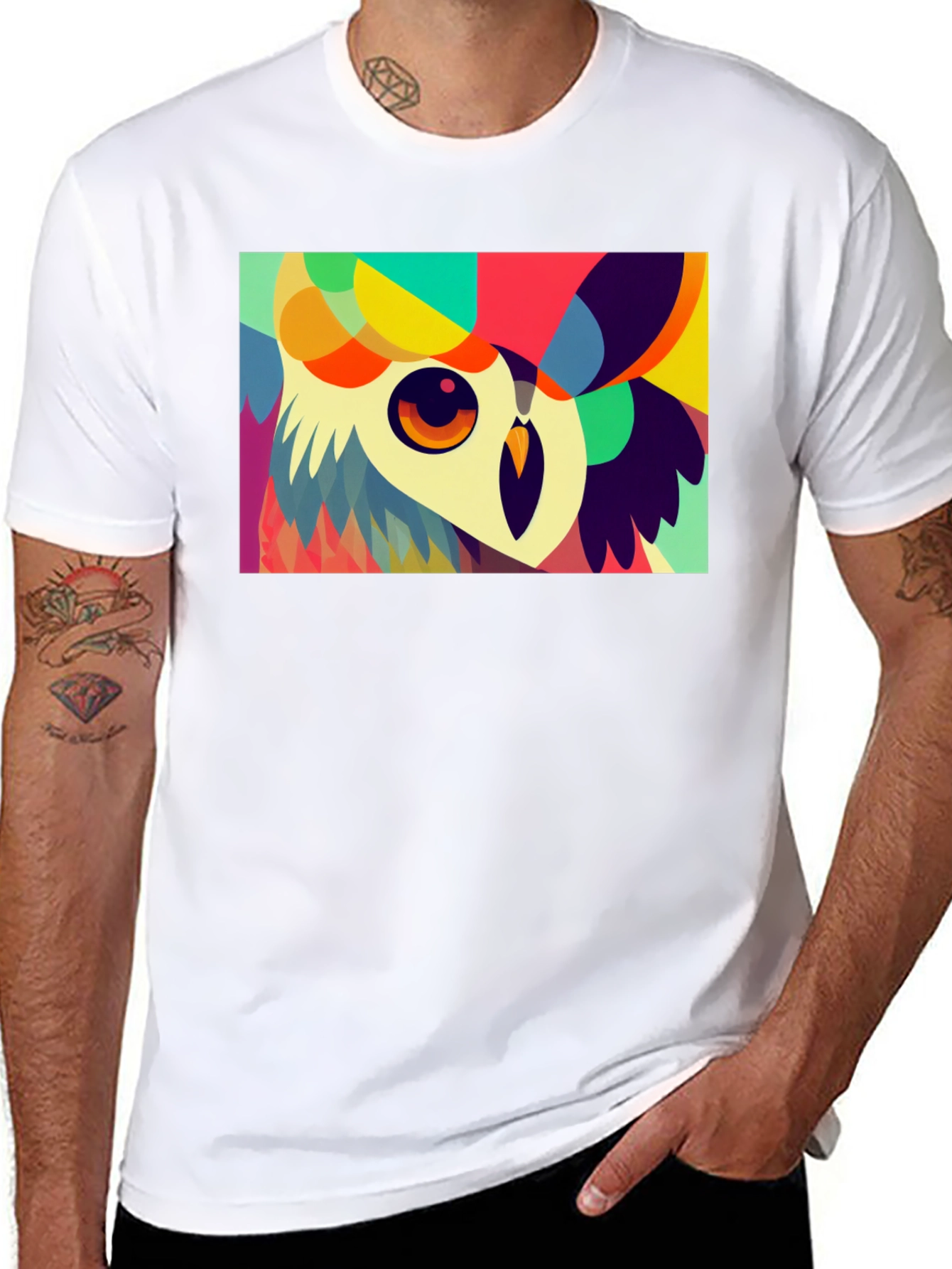 Black Abstract Owl Graphic Tee - Unique Colorful Design view 8