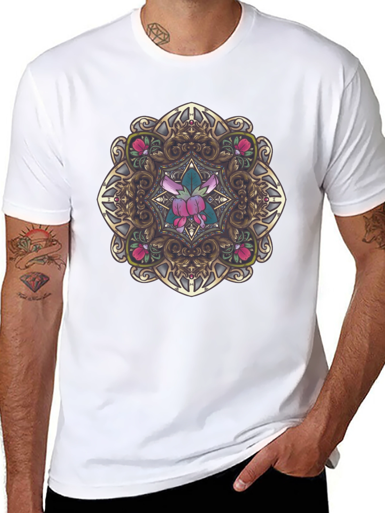 Black Ornate Floral Mandala Graphic Black T-Shirt view 8