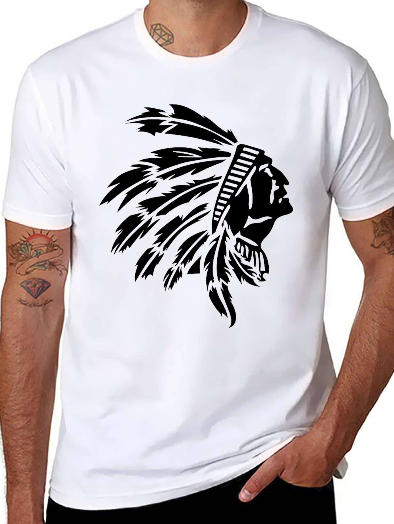 Black T-Shirt with Native American Headdress Graphic - 8