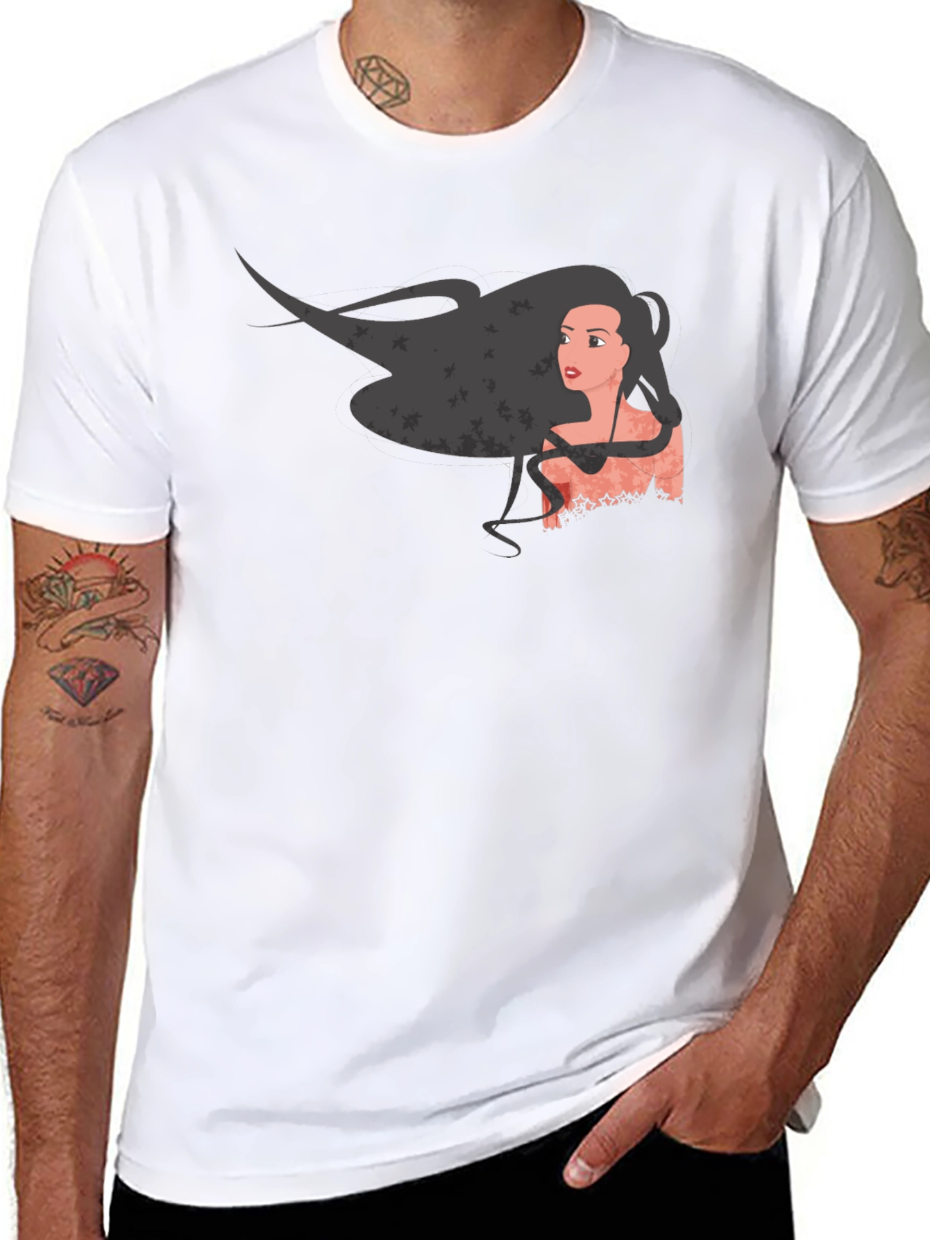 Black Graphic Print Black T-Shirt - Woman with Flowing Hair view 8