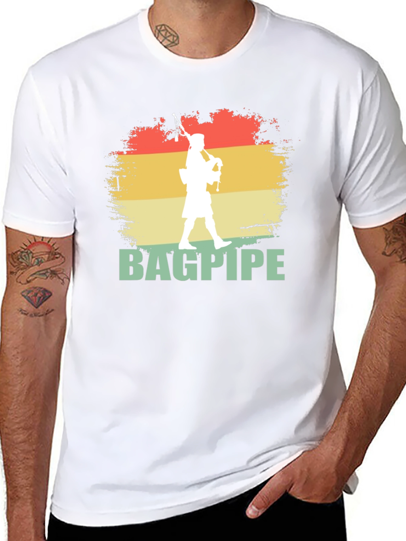 Black Bagpipe Player Graphic T-Shirt | Retro Style Design view 8
