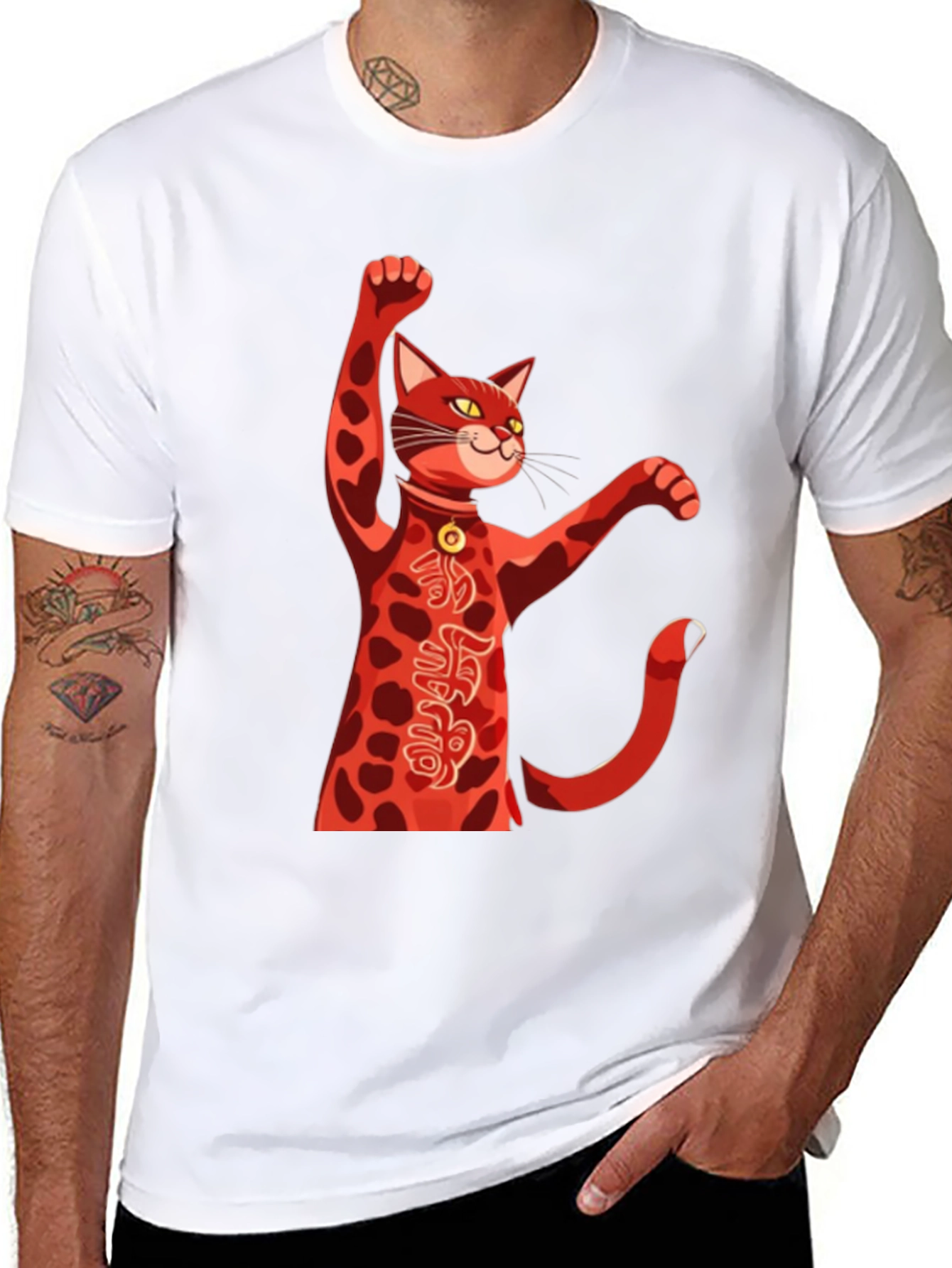 Black Lucky Cat T-Shirt - Red Maneki Neko Graphic Tee view 8
