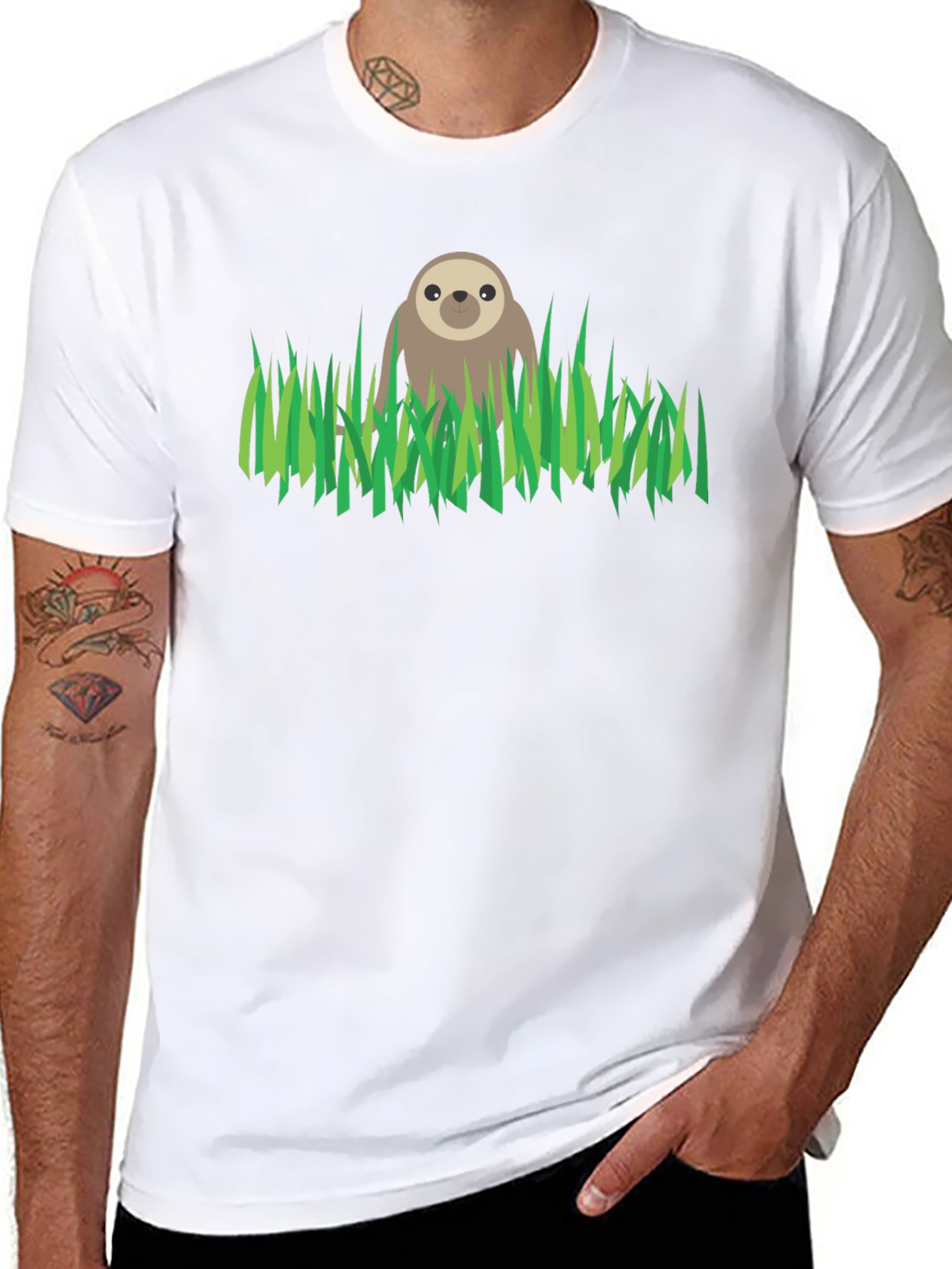 Black Sloth in Grass Graphic Tee - Black Cotton T-Shirt view 8
