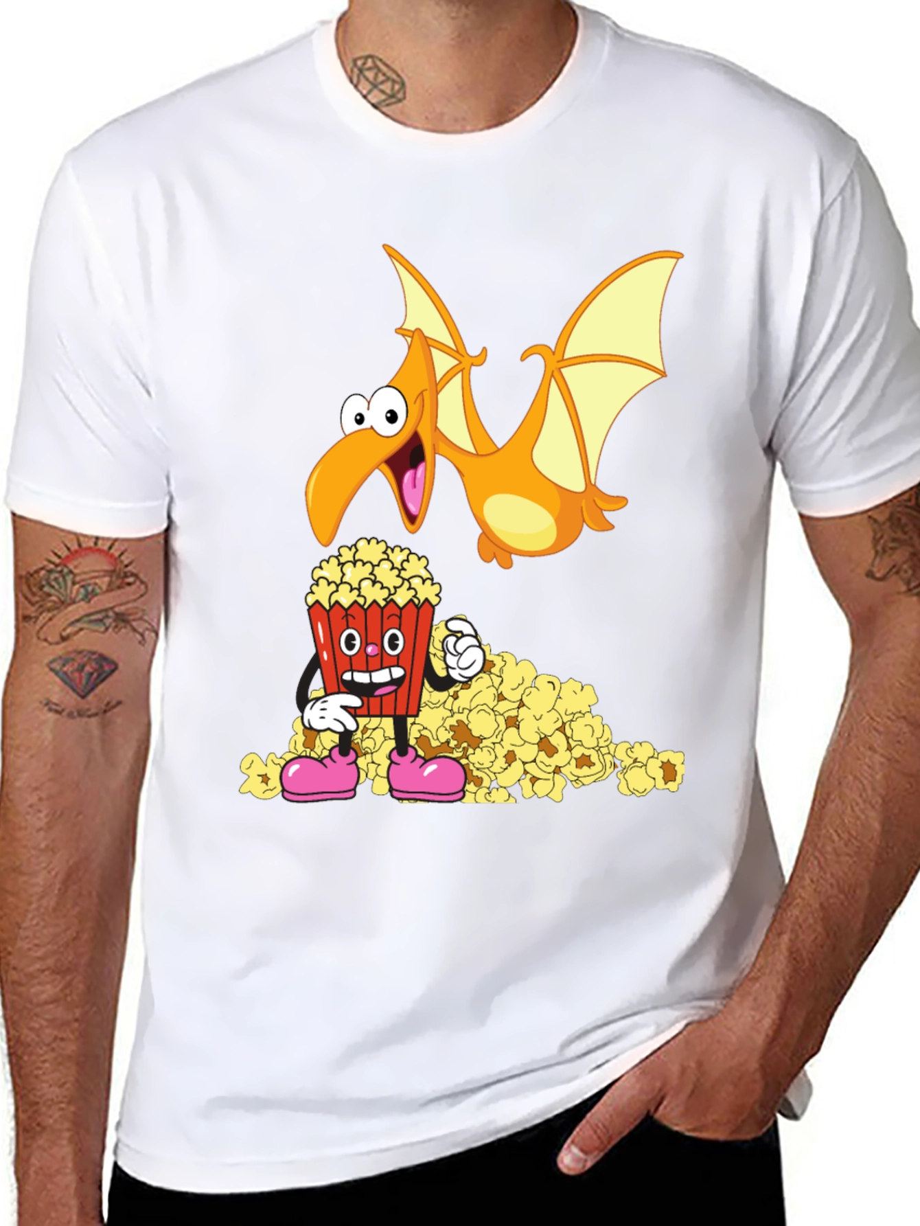 Black Cartoon Pterodactyl & Popcorn Graphic T-Shirt view 8
