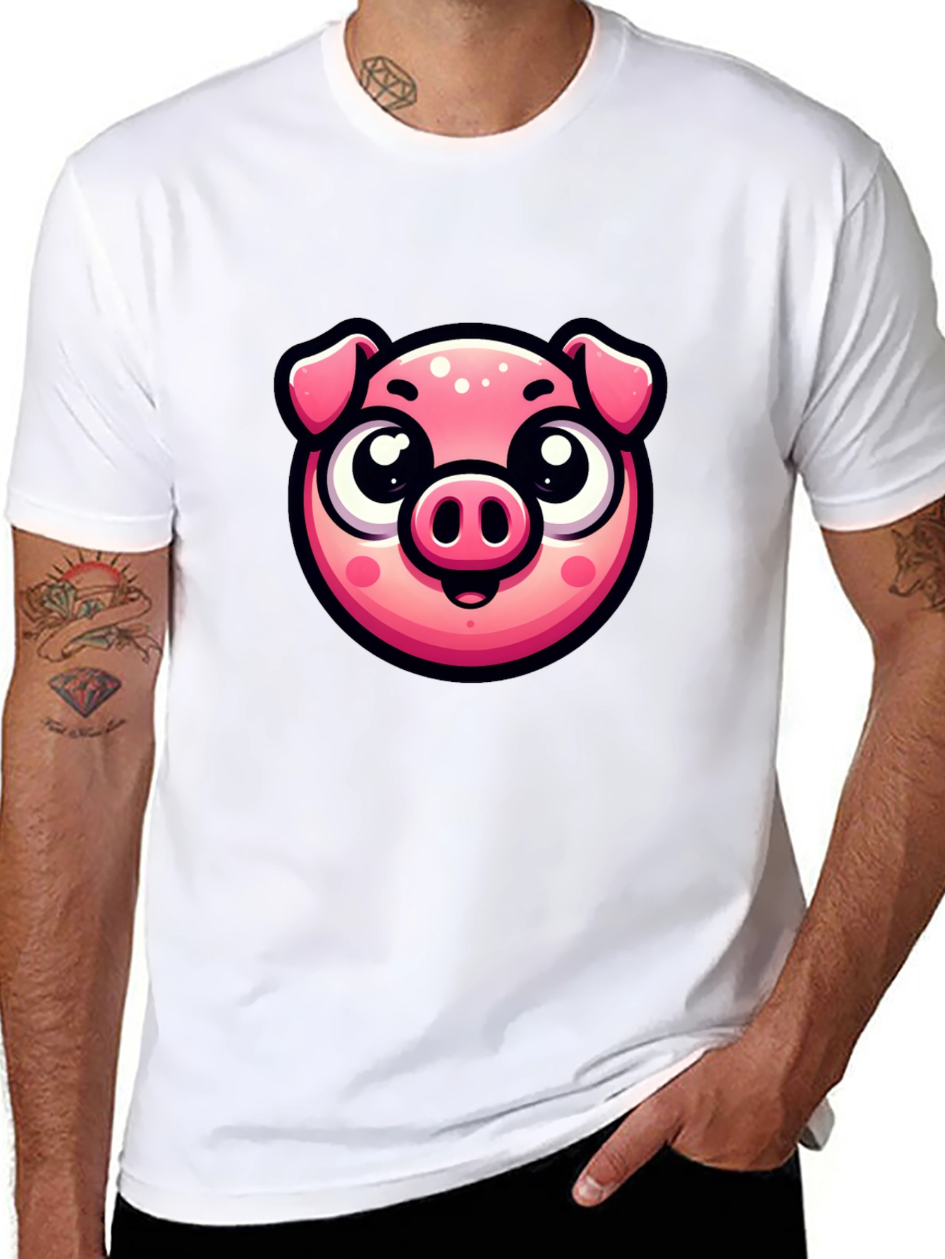 Black Cute Pig Graphic Print Black T-Shirt view 8